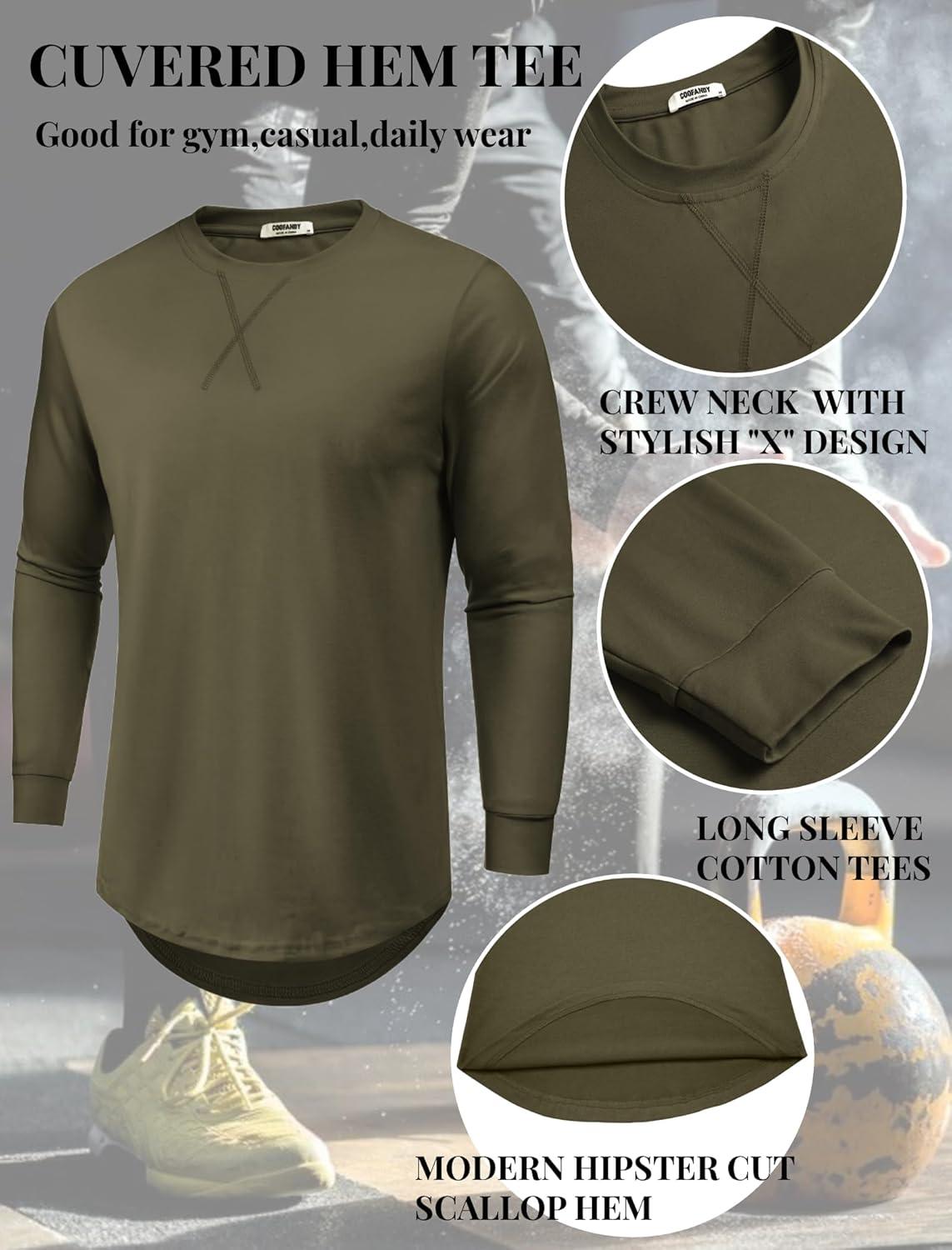 imageCOOFANDY Mens Cotton Hipster Hip Hop Longline Crewneck T Shirts Casual Long Sleeve Tees Curved Hem Gym ShirtsOne Piece Army Green