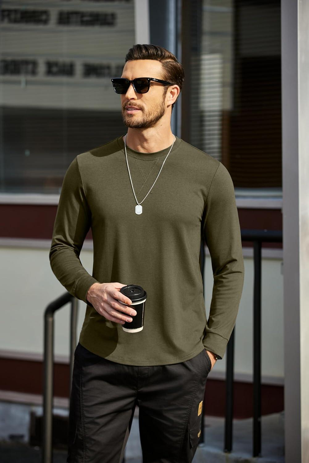 imageCOOFANDY Mens Cotton Hipster Hip Hop Longline Crewneck T Shirts Casual Long Sleeve Tees Curved Hem Gym ShirtsOne Piece Army Green