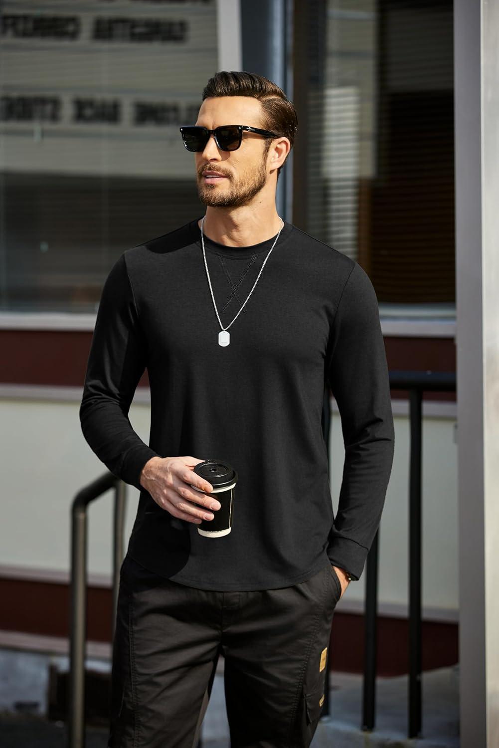 imageCOOFANDY Mens Cotton Hipster Hip Hop Longline Crewneck T Shirts Casual Long Sleeve Tees Curved Hem Gym ShirtsOne Piece Black