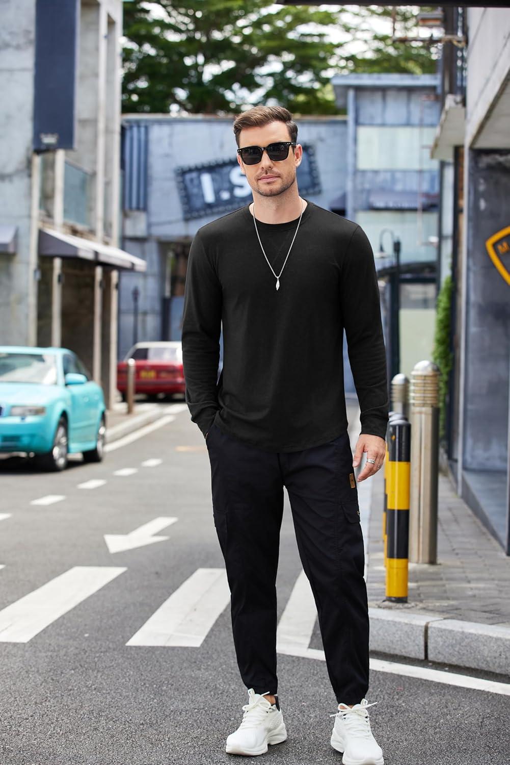 imageCOOFANDY Mens Cotton Hipster Hip Hop Longline Crewneck T Shirts Casual Long Sleeve Tees Curved Hem Gym ShirtsOne Piece Black