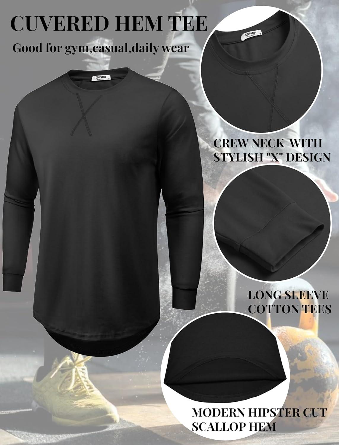 imageCOOFANDY Mens Cotton Hipster Hip Hop Longline Crewneck T Shirts Casual Long Sleeve Tees Curved Hem Gym ShirtsOne Piece Black