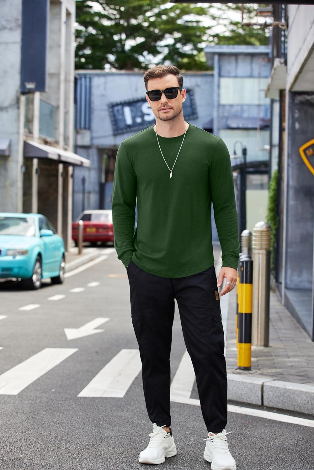 imageCOOFANDY Mens Cotton Hipster Hip Hop Longline Crewneck T Shirts Casual Long Sleeve Tees Curved Hem Gym ShirtsOne Piece Dark Green