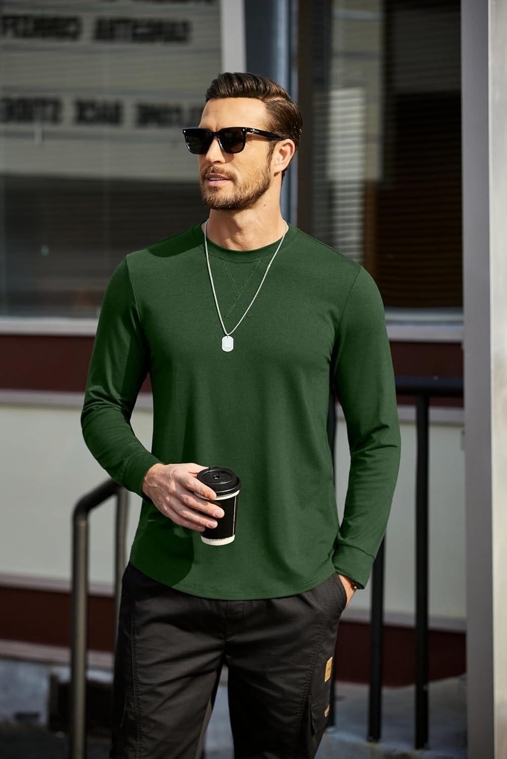 imageCOOFANDY Mens Cotton Hipster Hip Hop Longline Crewneck T Shirts Casual Long Sleeve Tees Curved Hem Gym ShirtsOne Piece Dark Green