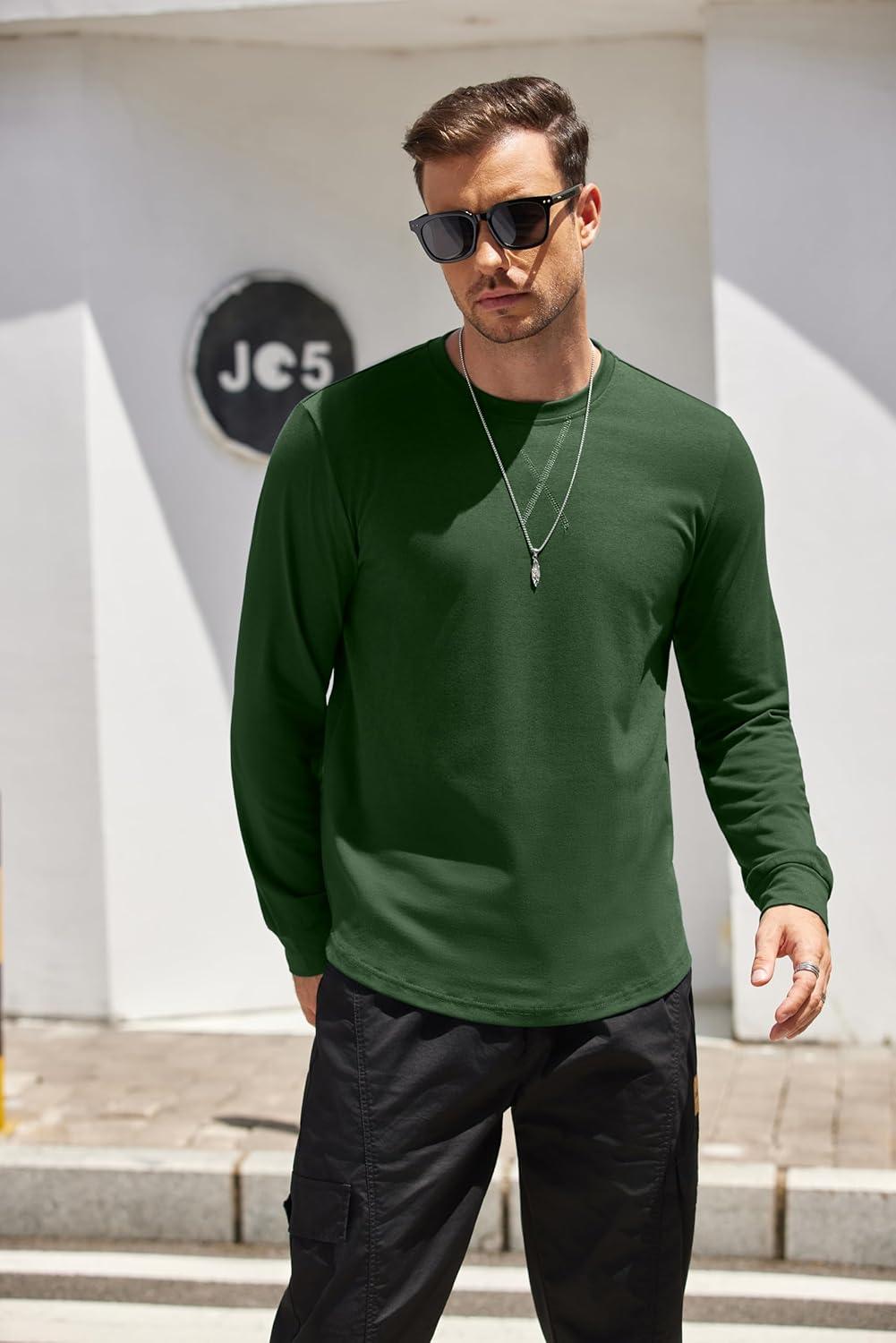 imageCOOFANDY Mens Cotton Hipster Hip Hop Longline Crewneck T Shirts Casual Long Sleeve Tees Curved Hem Gym ShirtsOne Piece Dark Green