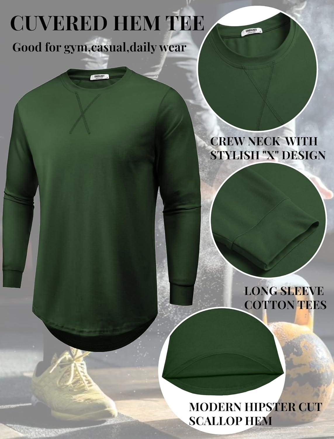 imageCOOFANDY Mens Cotton Hipster Hip Hop Longline Crewneck T Shirts Casual Long Sleeve Tees Curved Hem Gym ShirtsOne Piece Dark Green