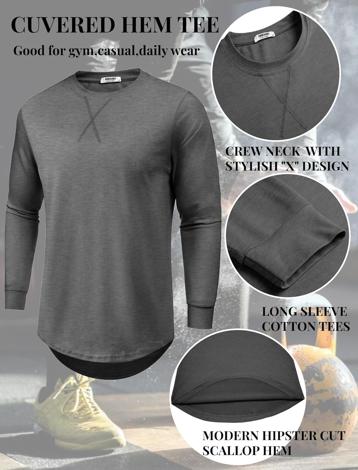 imageCOOFANDY Mens Cotton Hipster Hip Hop Longline Crewneck T Shirts Casual Long Sleeve Tees Curved Hem Gym ShirtsOne Piece Grey