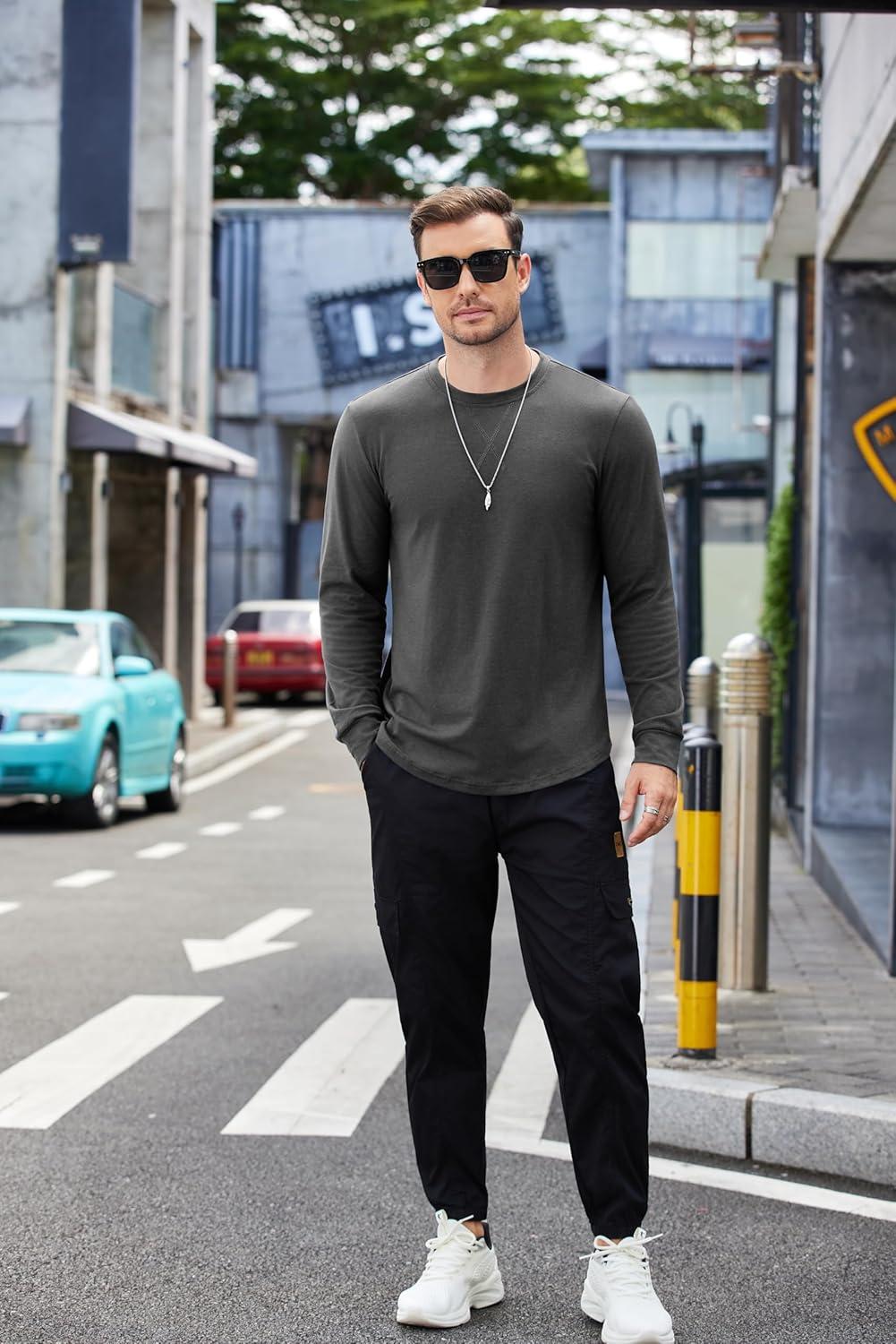 imageCOOFANDY Mens Cotton Hipster Hip Hop Longline Crewneck T Shirts Casual Long Sleeve Tees Curved Hem Gym ShirtsOne Piece Grey