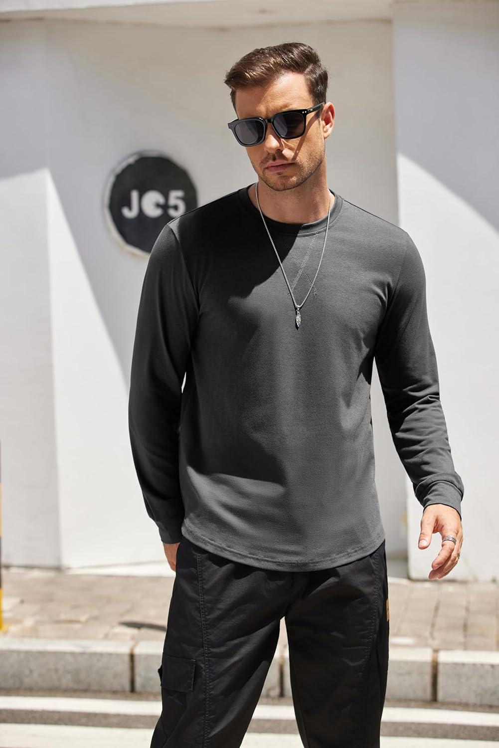 imageCOOFANDY Mens Cotton Hipster Hip Hop Longline Crewneck T Shirts Casual Long Sleeve Tees Curved Hem Gym ShirtsOne Piece Grey