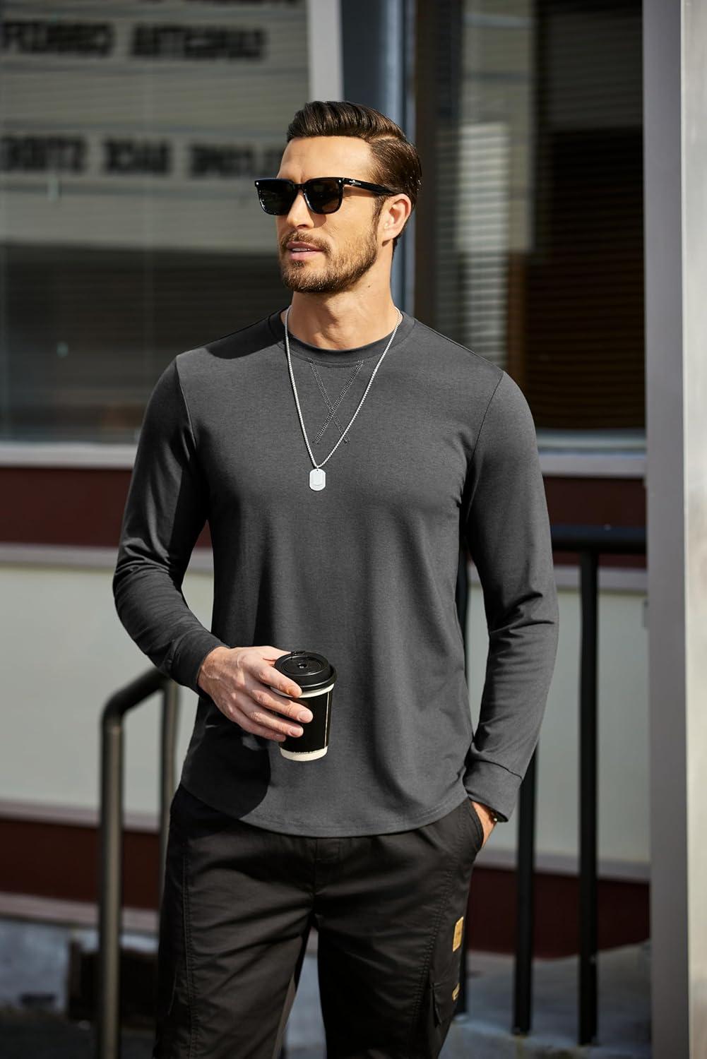 imageCOOFANDY Mens Cotton Hipster Hip Hop Longline Crewneck T Shirts Casual Long Sleeve Tees Curved Hem Gym ShirtsOne Piece Grey