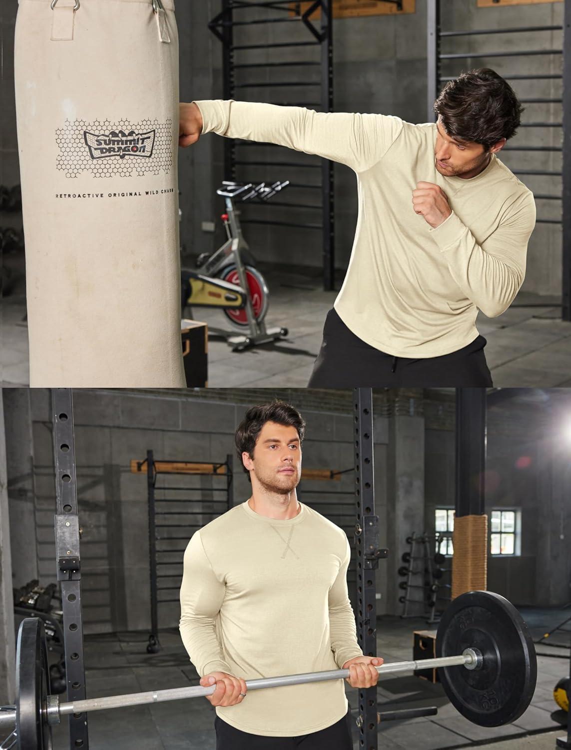 imageCOOFANDY Mens Cotton Hipster Hip Hop Longline Crewneck T Shirts Casual Long Sleeve Tees Curved Hem Gym ShirtsOne Piece Light Khaki