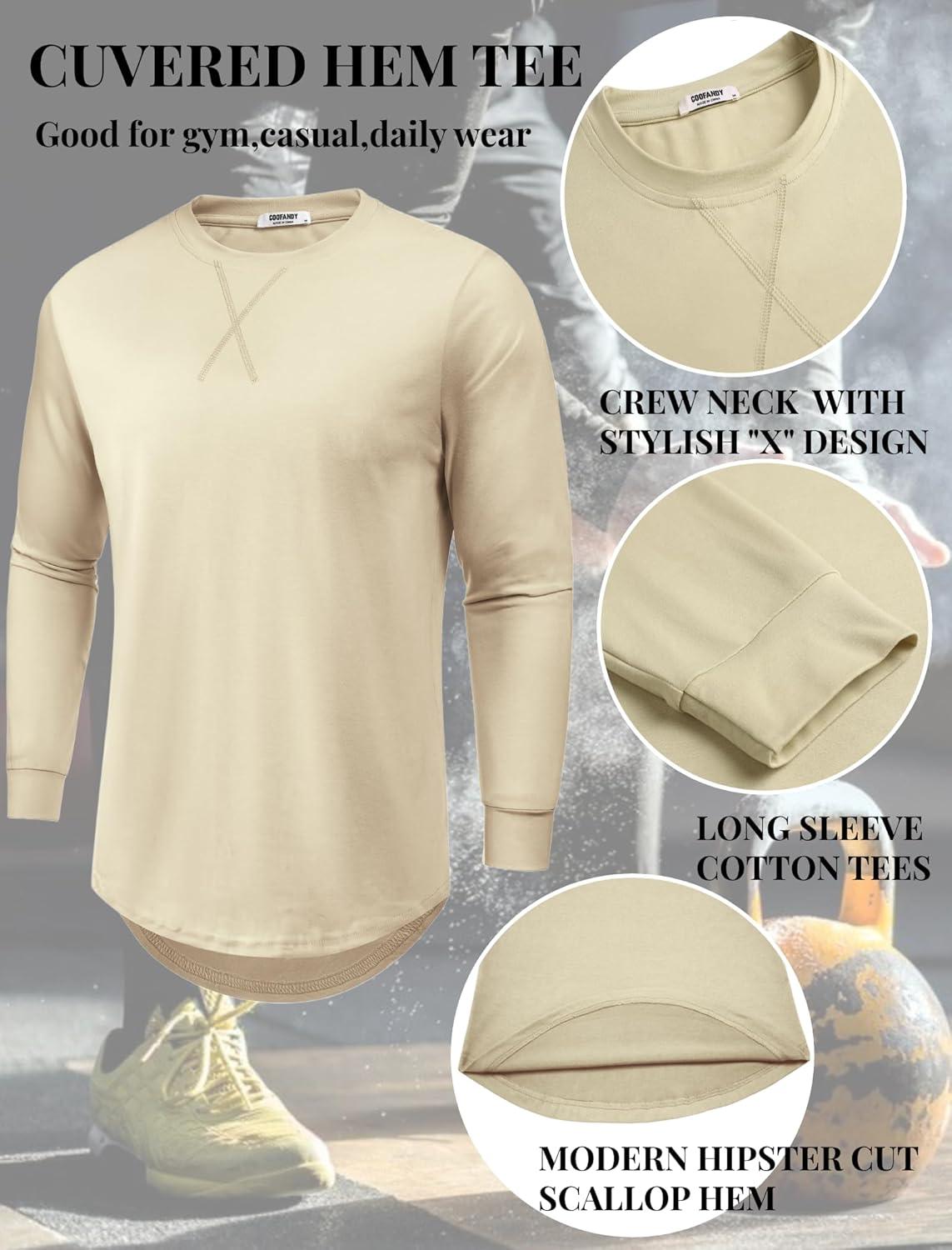 imageCOOFANDY Mens Cotton Hipster Hip Hop Longline Crewneck T Shirts Casual Long Sleeve Tees Curved Hem Gym ShirtsOne Piece Light Khaki