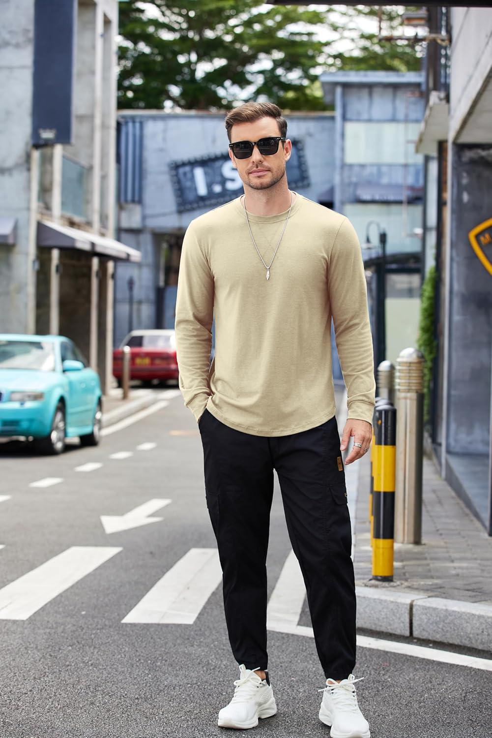 imageCOOFANDY Mens Cotton Hipster Hip Hop Longline Crewneck T Shirts Casual Long Sleeve Tees Curved Hem Gym ShirtsOne Piece Light Khaki