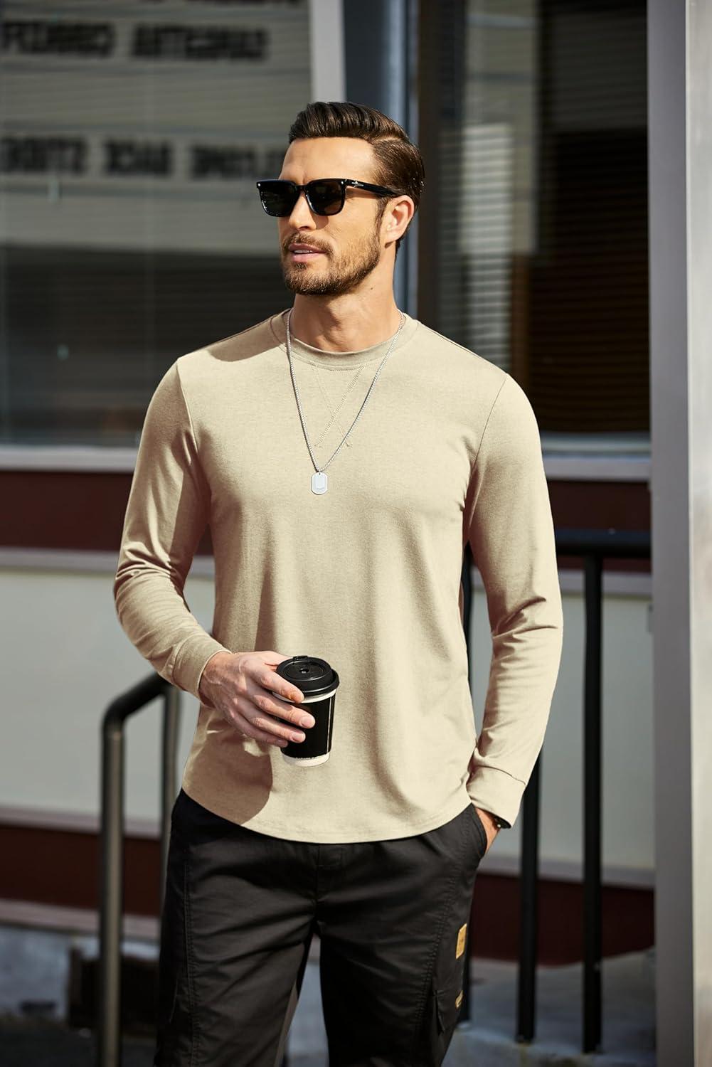 imageCOOFANDY Mens Cotton Hipster Hip Hop Longline Crewneck T Shirts Casual Long Sleeve Tees Curved Hem Gym ShirtsOne Piece Light Khaki