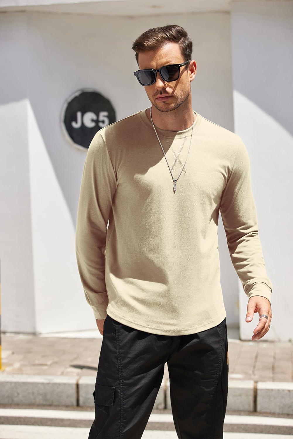 imageCOOFANDY Mens Cotton Hipster Hip Hop Longline Crewneck T Shirts Casual Long Sleeve Tees Curved Hem Gym ShirtsOne Piece Light Khaki