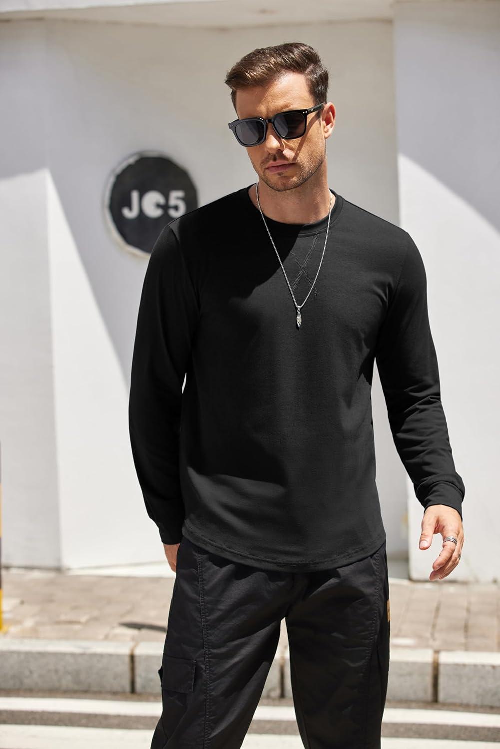 imageCOOFANDY Mens Cotton Hipster Hip Hop Longline Crewneck T Shirts Casual Long Sleeve Tees Curved Hem Gym ShirtsTwo Pack Black  Black