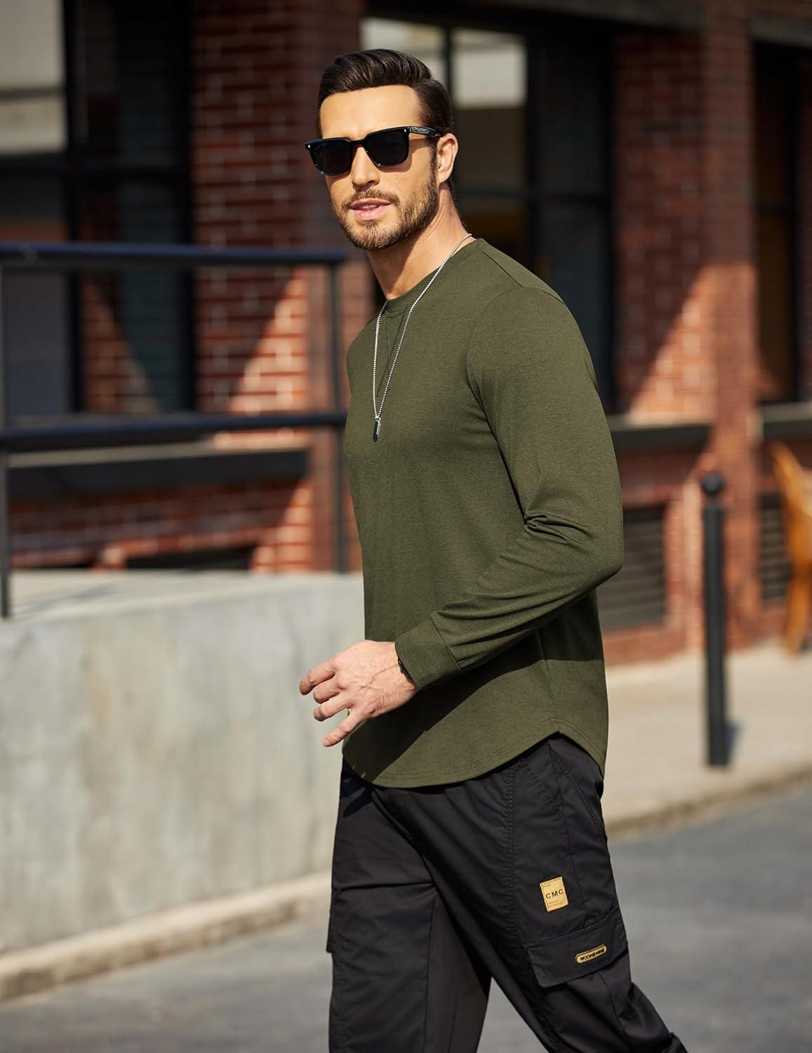 imageCOOFANDY Mens Cotton Hipster Hip Hop Longline Crewneck T Shirts Casual Long Sleeve Tees Curved Hem Gym ShirtsTwo Pack Black  Olive