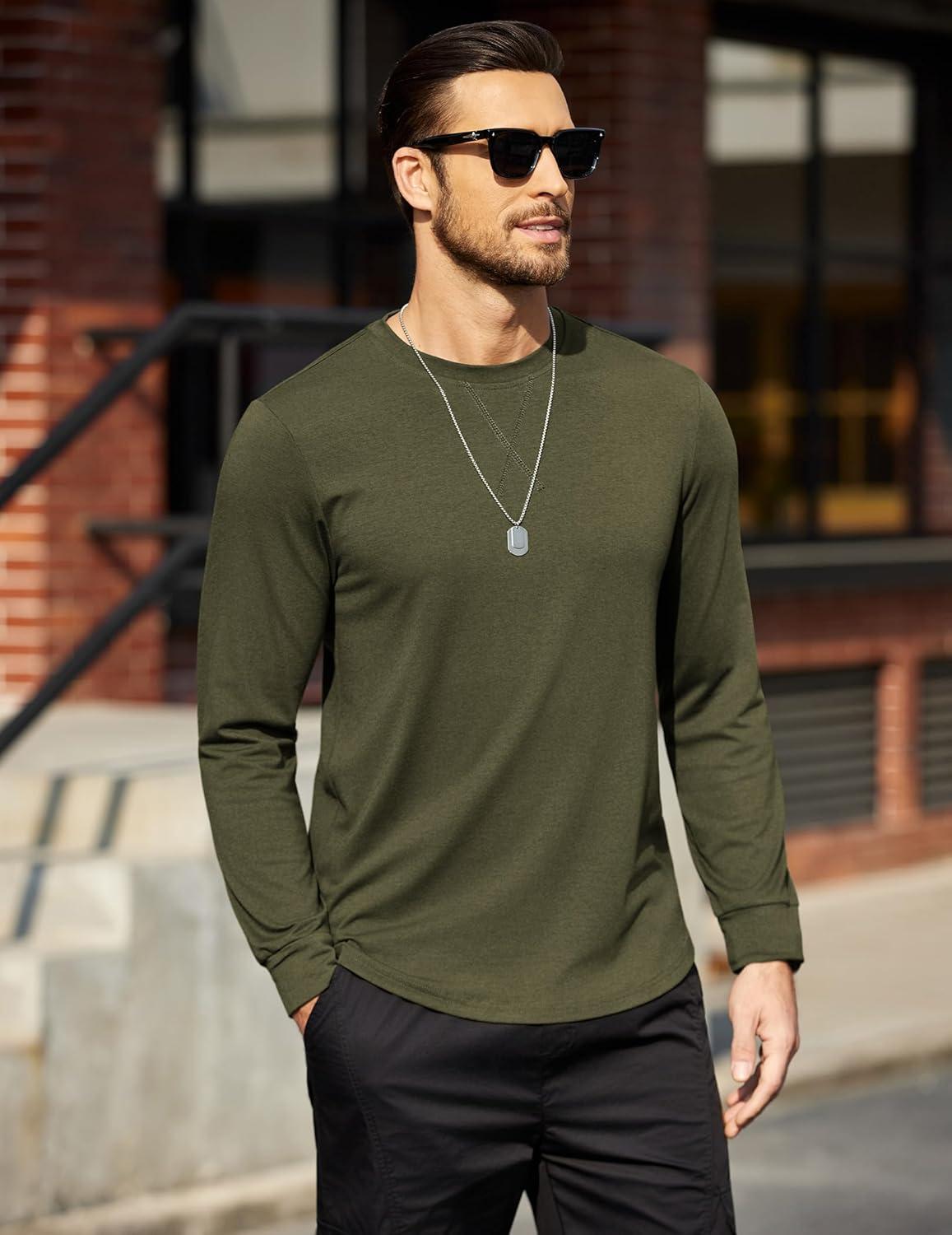imageCOOFANDY Mens Cotton Hipster Hip Hop Longline Crewneck T Shirts Casual Long Sleeve Tees Curved Hem Gym ShirtsTwo Pack Black  Olive