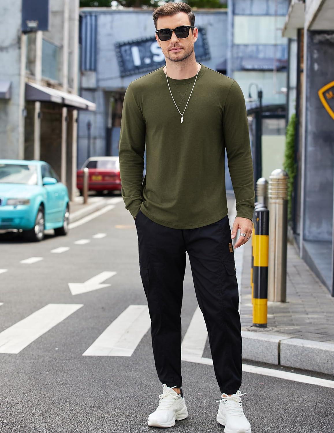 imageCOOFANDY Mens Cotton Hipster Hip Hop Longline Crewneck T Shirts Casual Long Sleeve Tees Curved Hem Gym ShirtsTwo Pack Black  Olive
