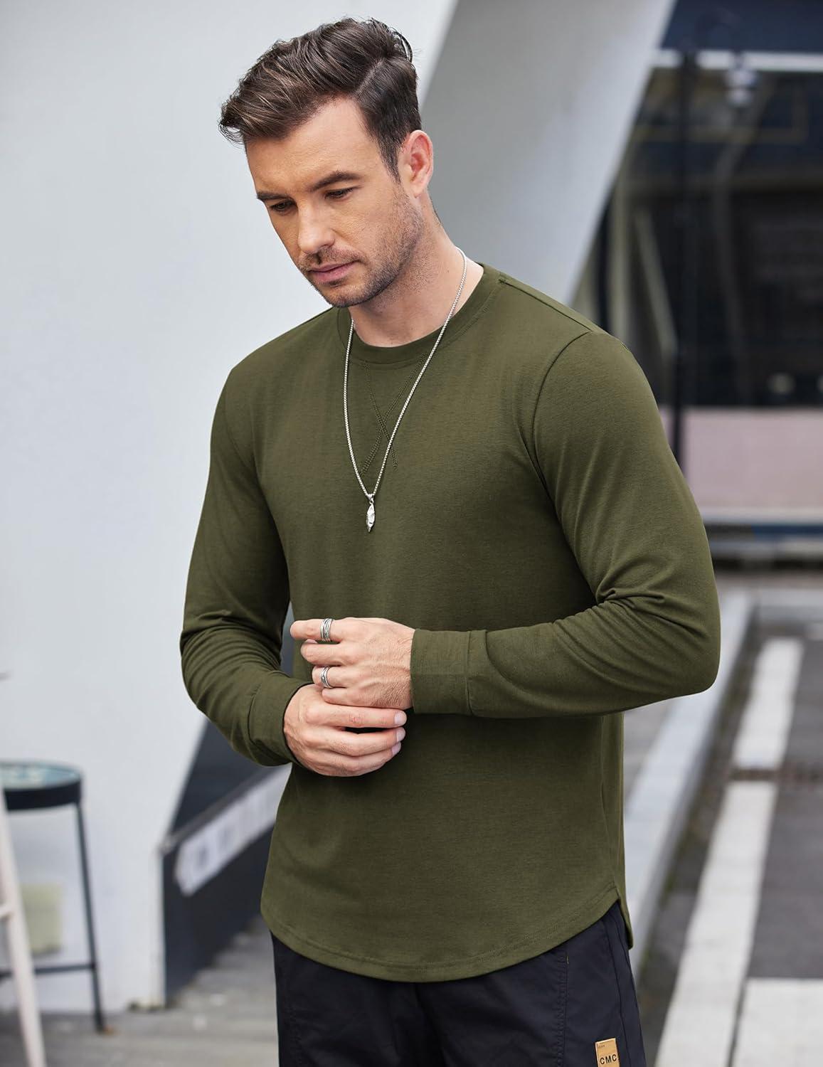 imageCOOFANDY Mens Cotton Hipster Hip Hop Longline Crewneck T Shirts Casual Long Sleeve Tees Curved Hem Gym ShirtsTwo Pack Black  Olive
