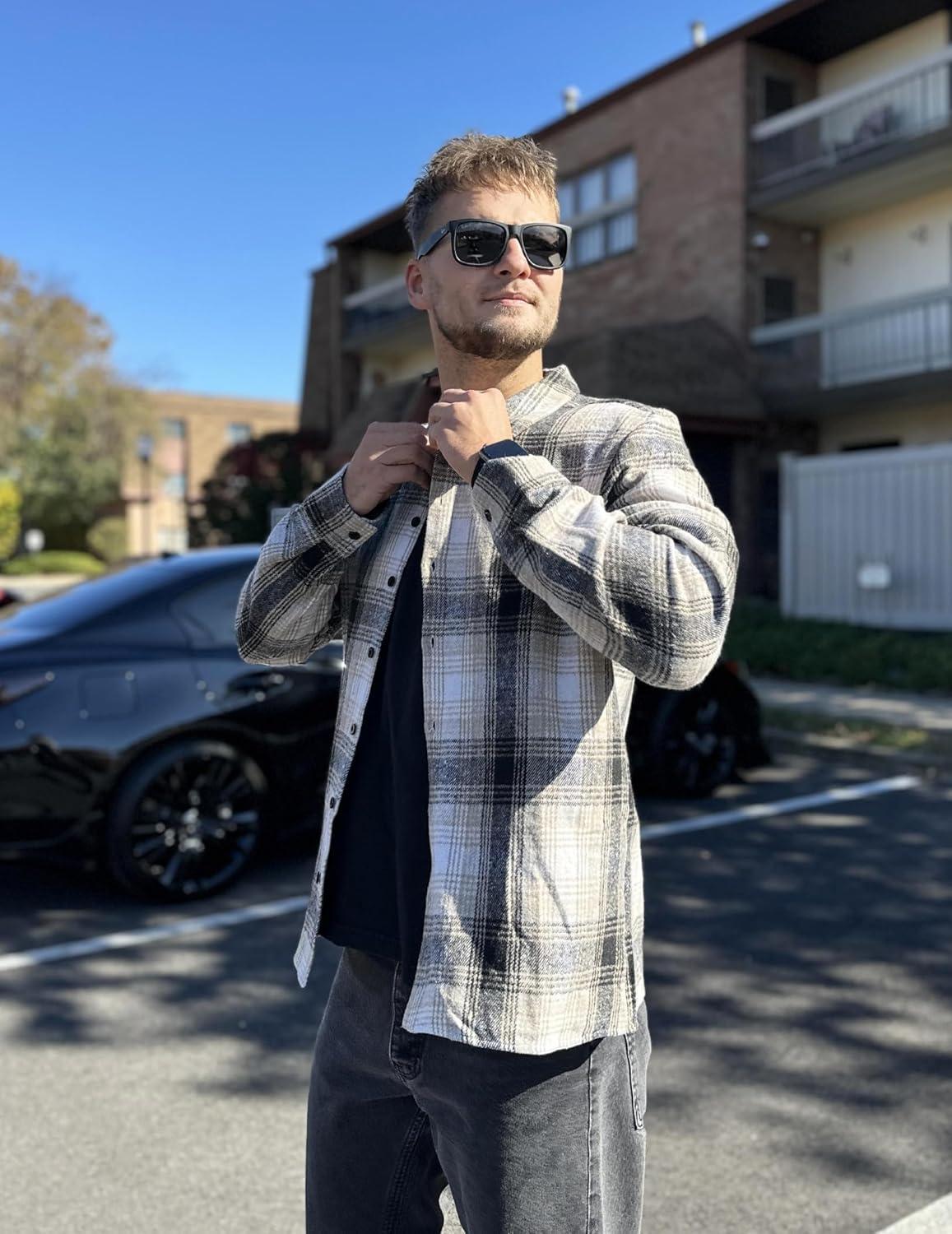 imageCOOFANDY Mens Flannel Shirts Casual Button Down Plaid Shirt Jacket Long Sleeve Fleece ShacketBlackbeige Plaid