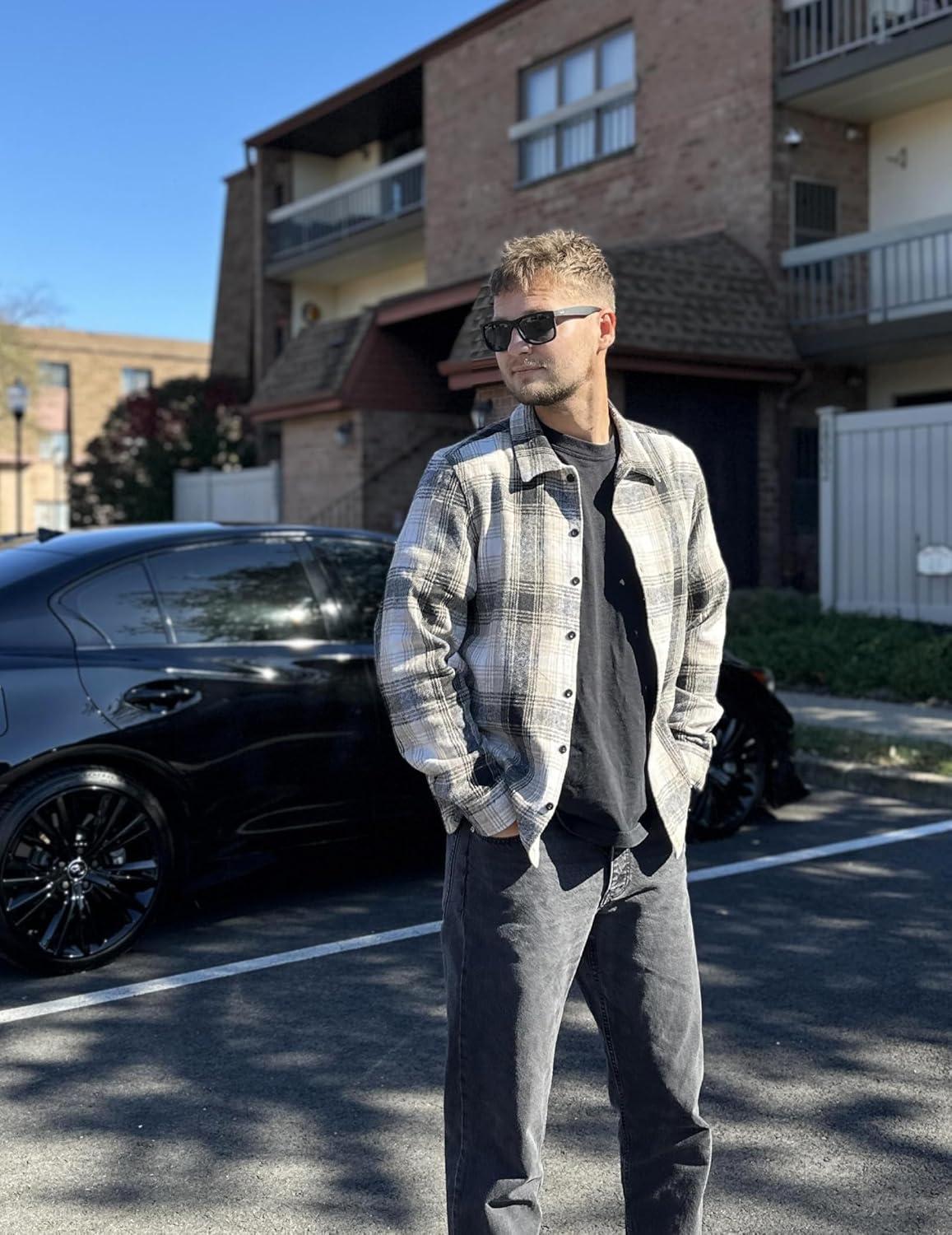 imageCOOFANDY Mens Flannel Shirts Casual Button Down Plaid Shirt Jacket Long Sleeve Fleece ShacketBlackbeige Plaid