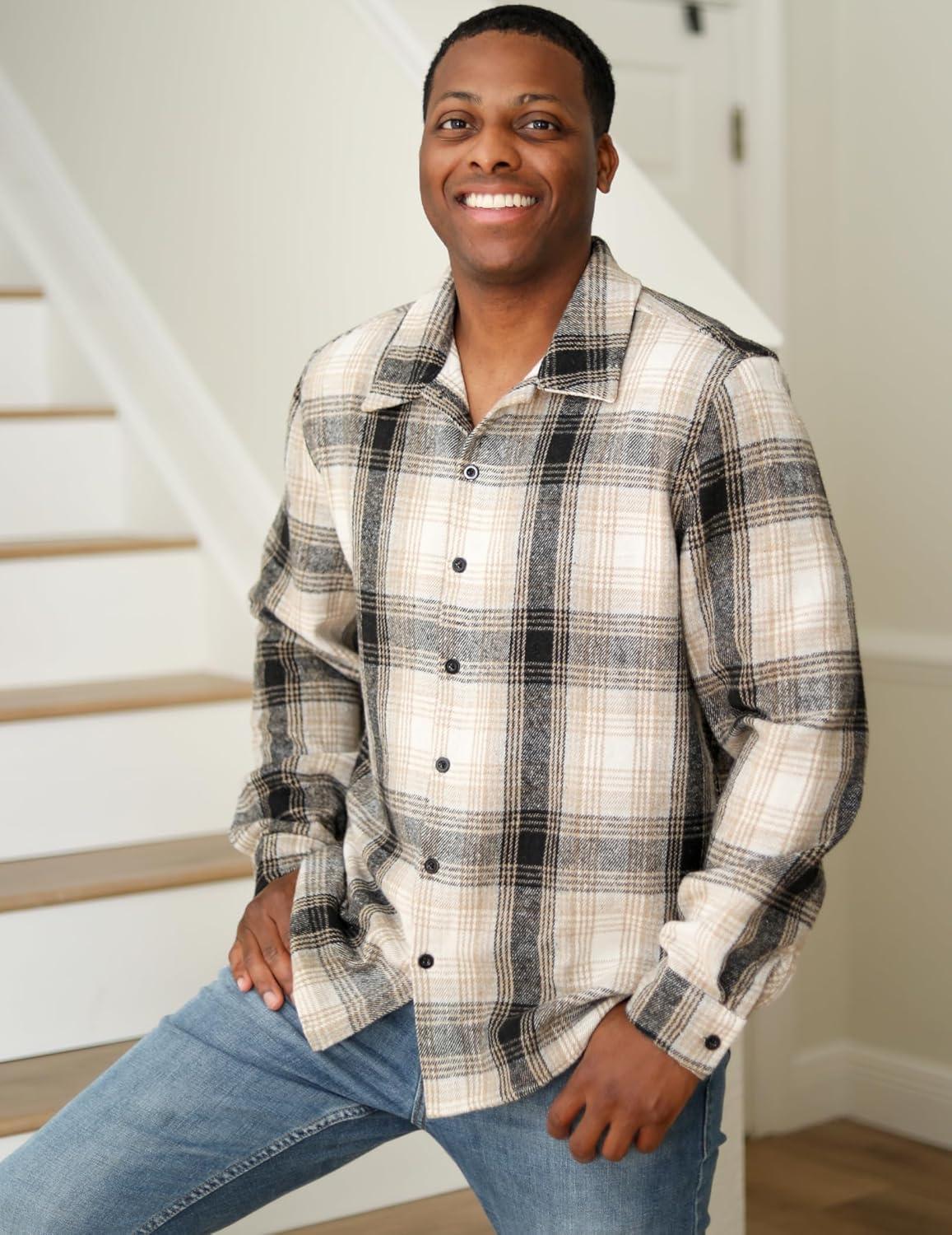 imageCOOFANDY Mens Flannel Shirts Casual Button Down Plaid Shirt Jacket Long Sleeve Fleece ShacketBlackbeige Plaid