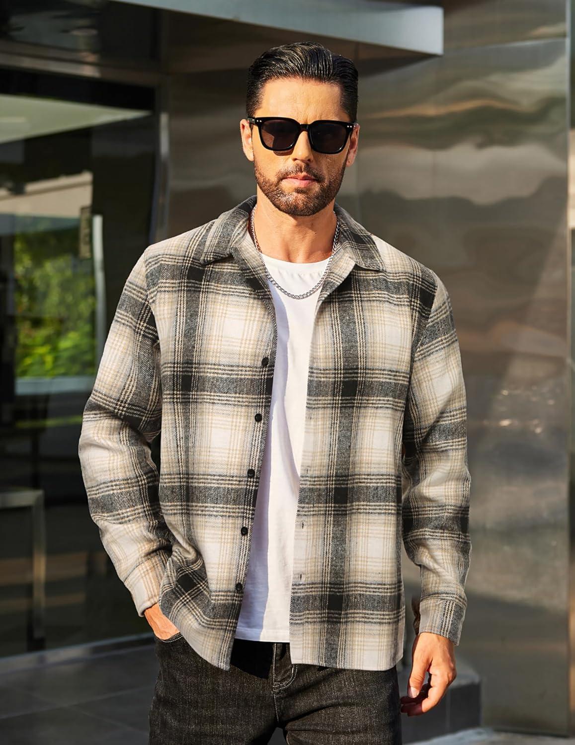 imageCOOFANDY Mens Flannel Shirts Casual Button Down Plaid Shirt Jacket Long Sleeve Fleece ShacketBlackbeige Plaid