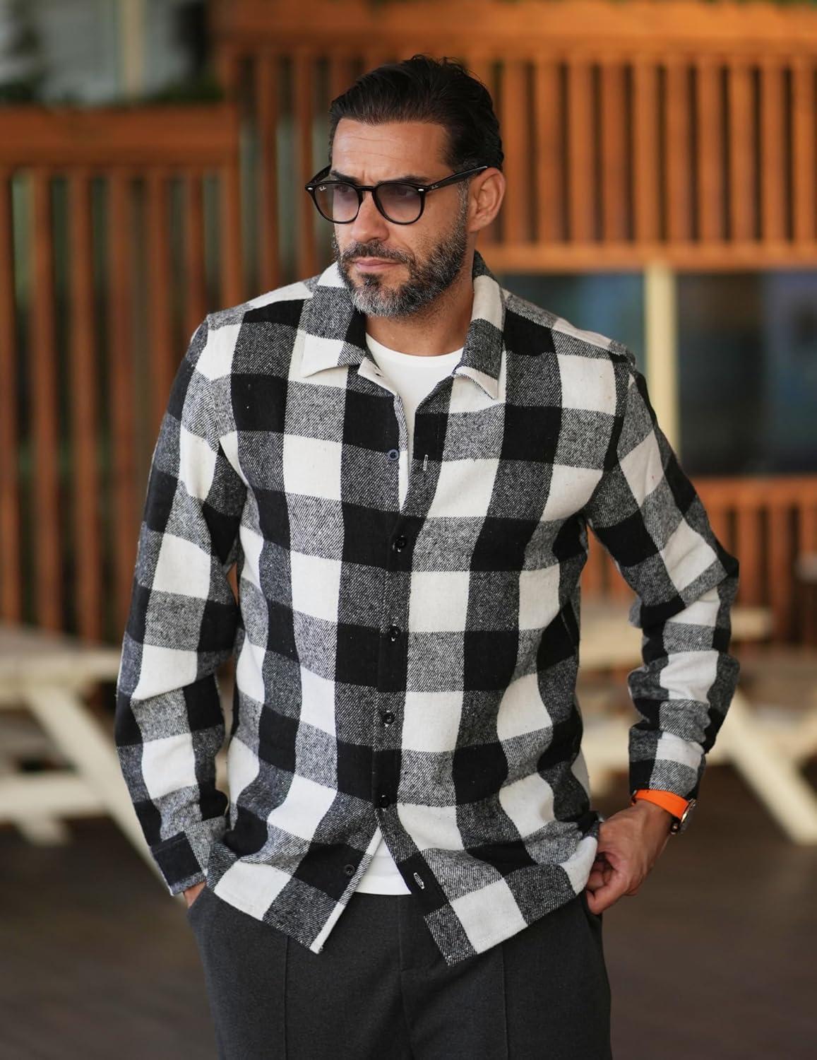 imageCOOFANDY Mens Flannel Shirts Casual Button Down Plaid Shirt Jacket Long Sleeve Fleece ShacketBlackwhite Plaid
