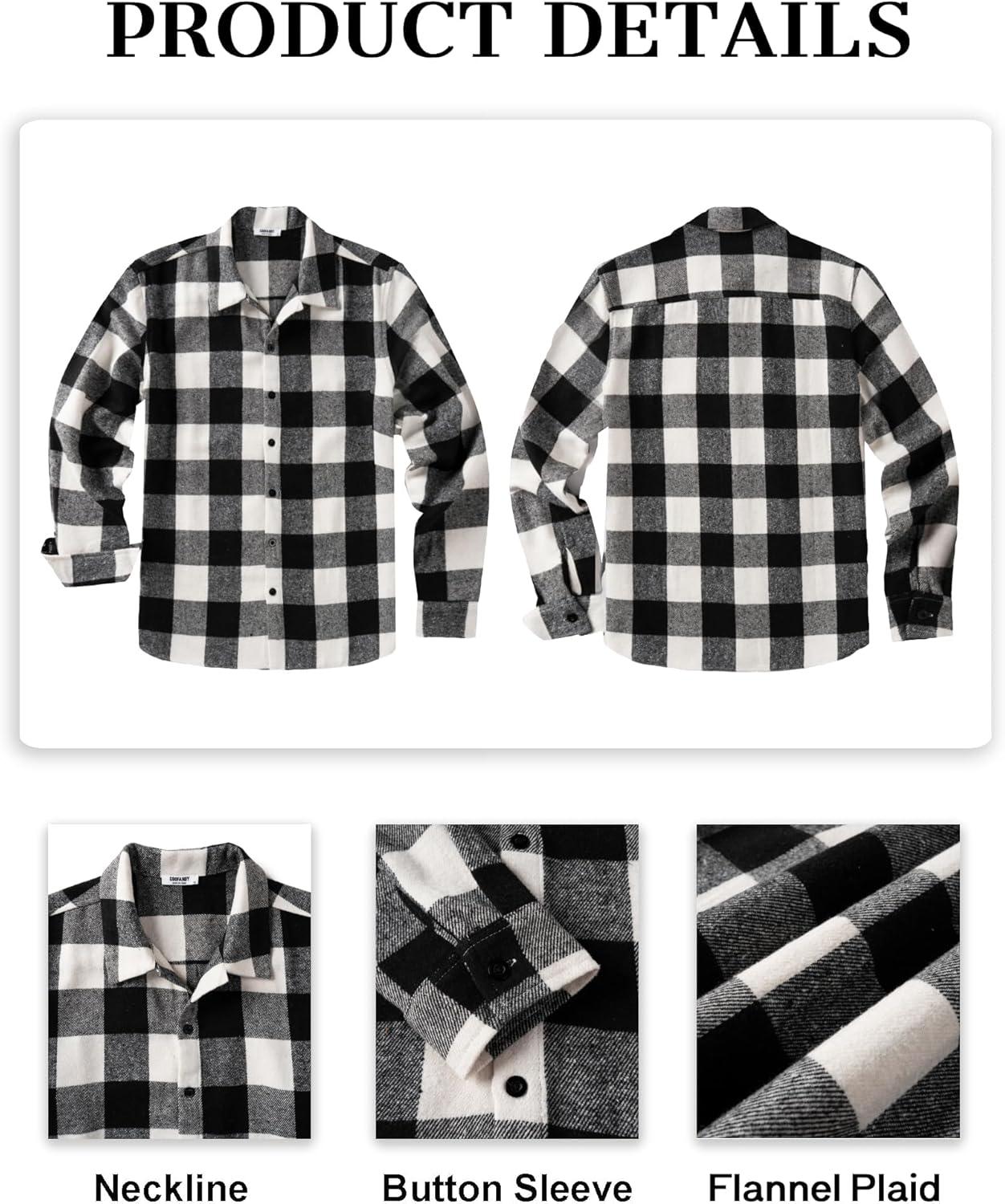 imageCOOFANDY Mens Flannel Shirts Casual Button Down Plaid Shirt Jacket Long Sleeve Fleece ShacketBlackwhite Plaid