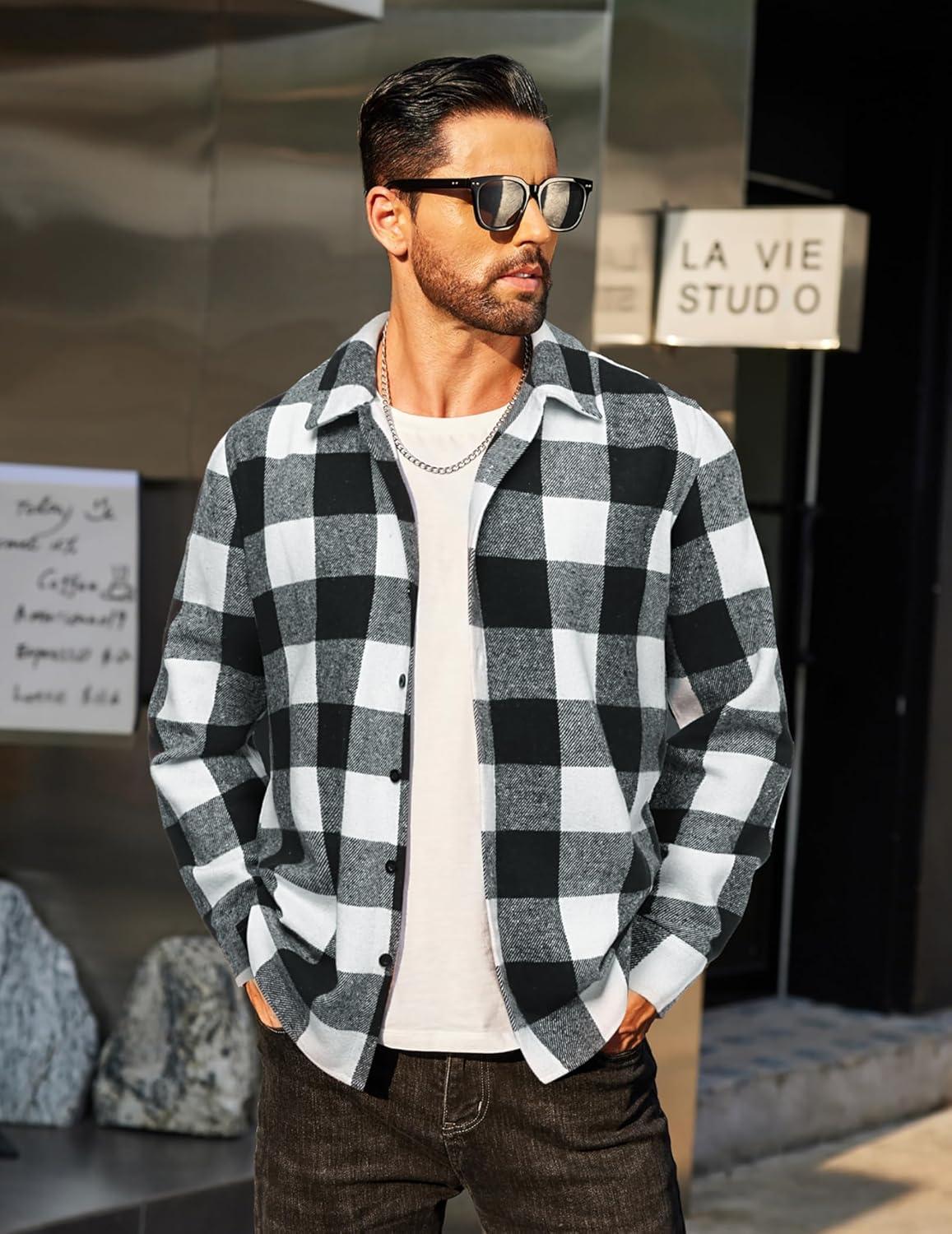 imageCOOFANDY Mens Flannel Shirts Casual Button Down Plaid Shirt Jacket Long Sleeve Fleece ShacketBlackwhite Plaid