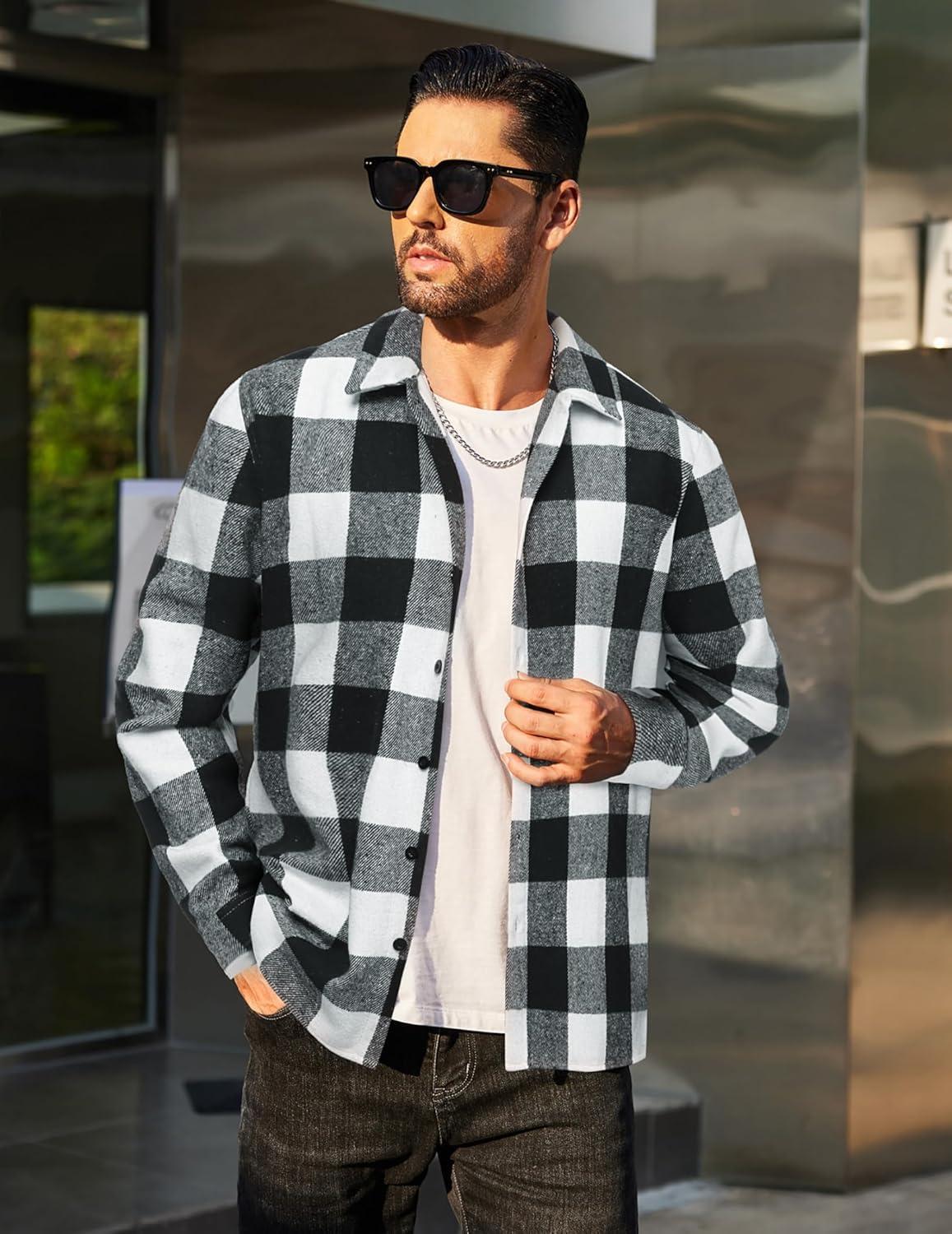 imageCOOFANDY Mens Flannel Shirts Casual Button Down Plaid Shirt Jacket Long Sleeve Fleece ShacketBlackwhite Plaid