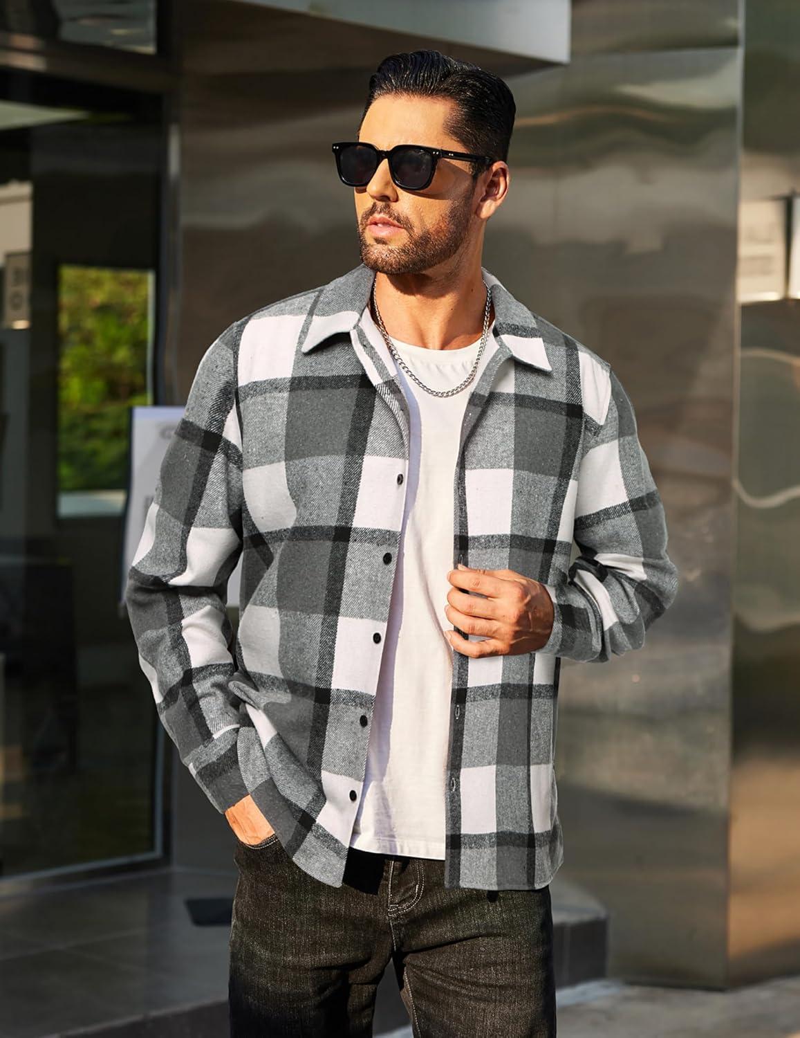 imageCOOFANDY Mens Flannel Shirts Casual Button Down Plaid Shirt Jacket Long Sleeve Fleece ShacketBlue Plaid