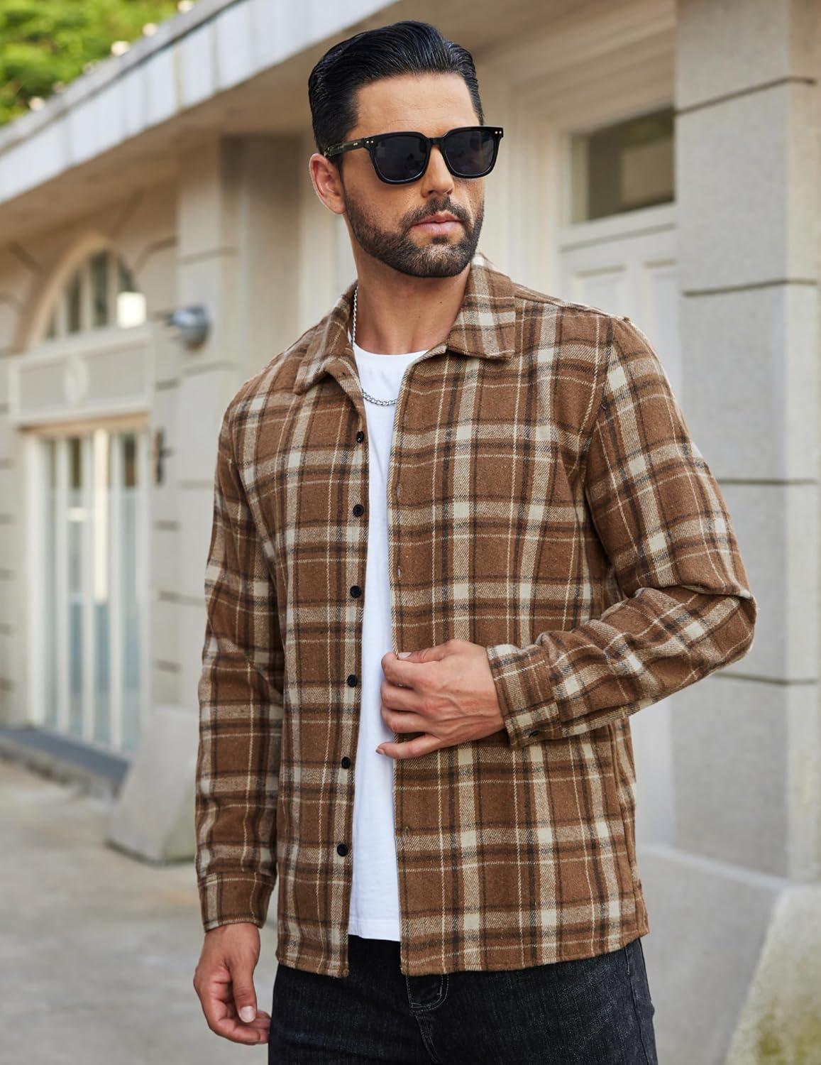 imageCOOFANDY Mens Flannel Shirts Casual Button Down Plaid Shirt Jacket Long Sleeve Fleece ShacketBrownwhite Plaid