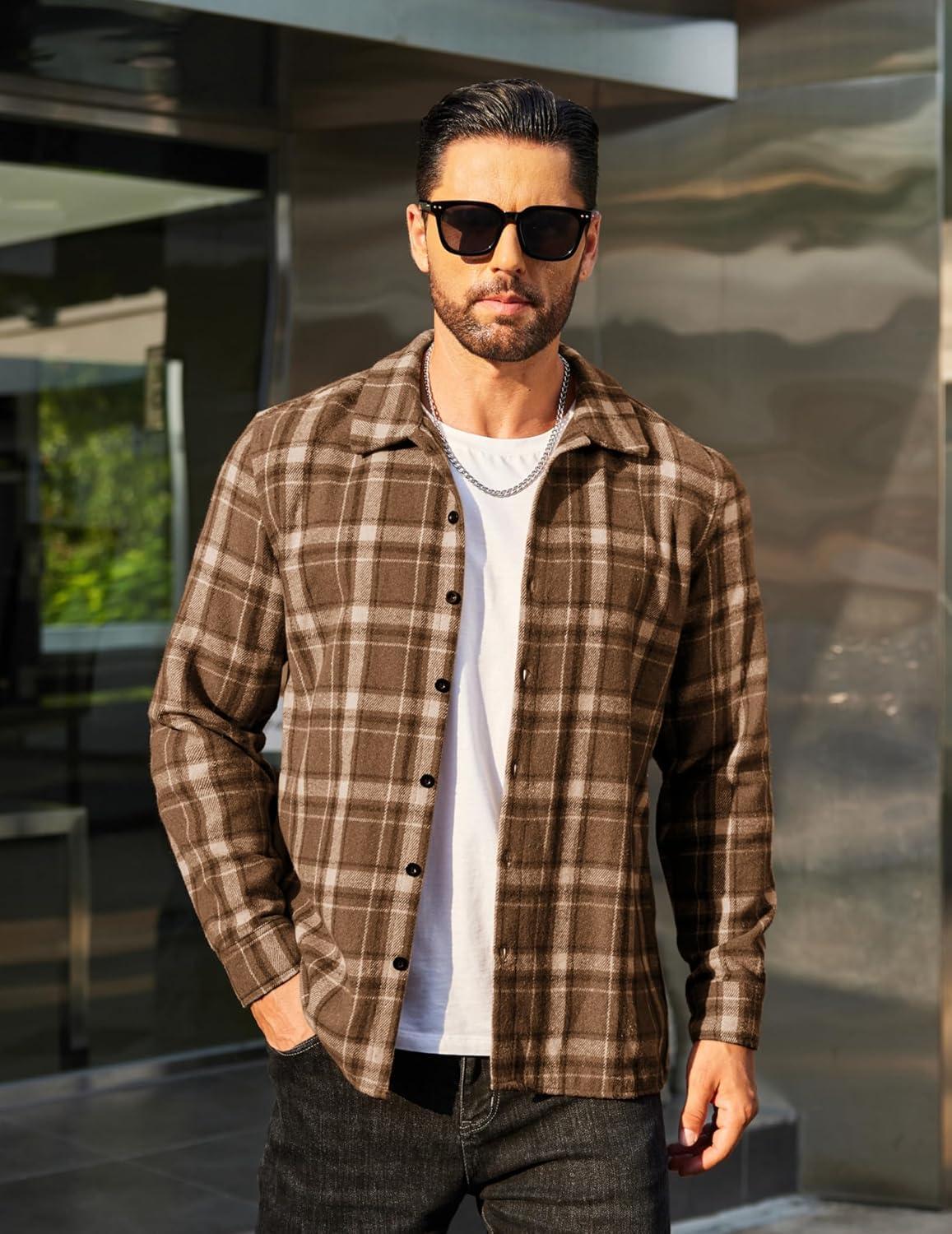 imageCOOFANDY Mens Flannel Shirts Casual Button Down Plaid Shirt Jacket Long Sleeve Fleece ShacketBrownwhite Plaid