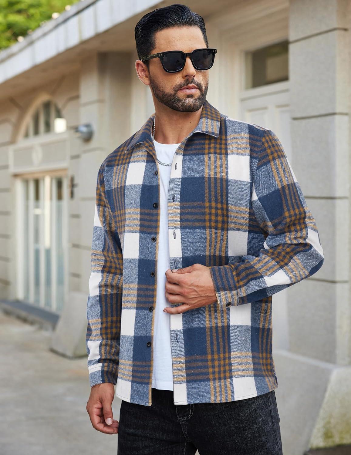 imageCOOFANDY Mens Flannel Shirts Casual Button Down Plaid Shirt Jacket Long Sleeve Fleece ShacketDark Bluewhite Plaid