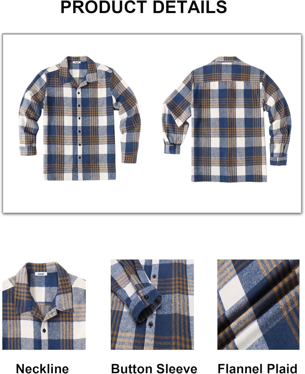 imageCOOFANDY Mens Flannel Shirts Casual Button Down Plaid Shirt Jacket Long Sleeve Fleece ShacketDark Bluewhite Plaid