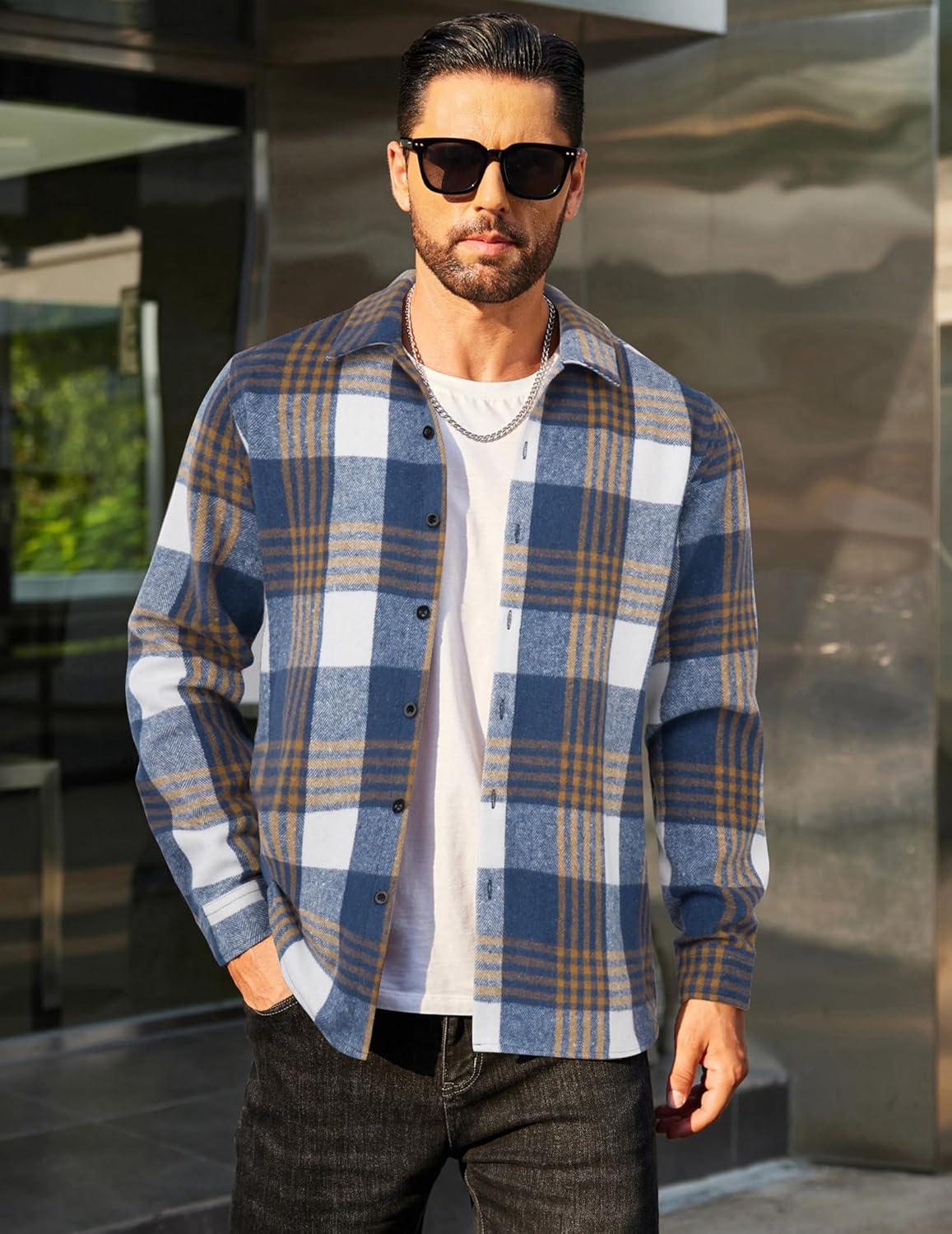imageCOOFANDY Mens Flannel Shirts Casual Button Down Plaid Shirt Jacket Long Sleeve Fleece ShacketDark Bluewhite Plaid