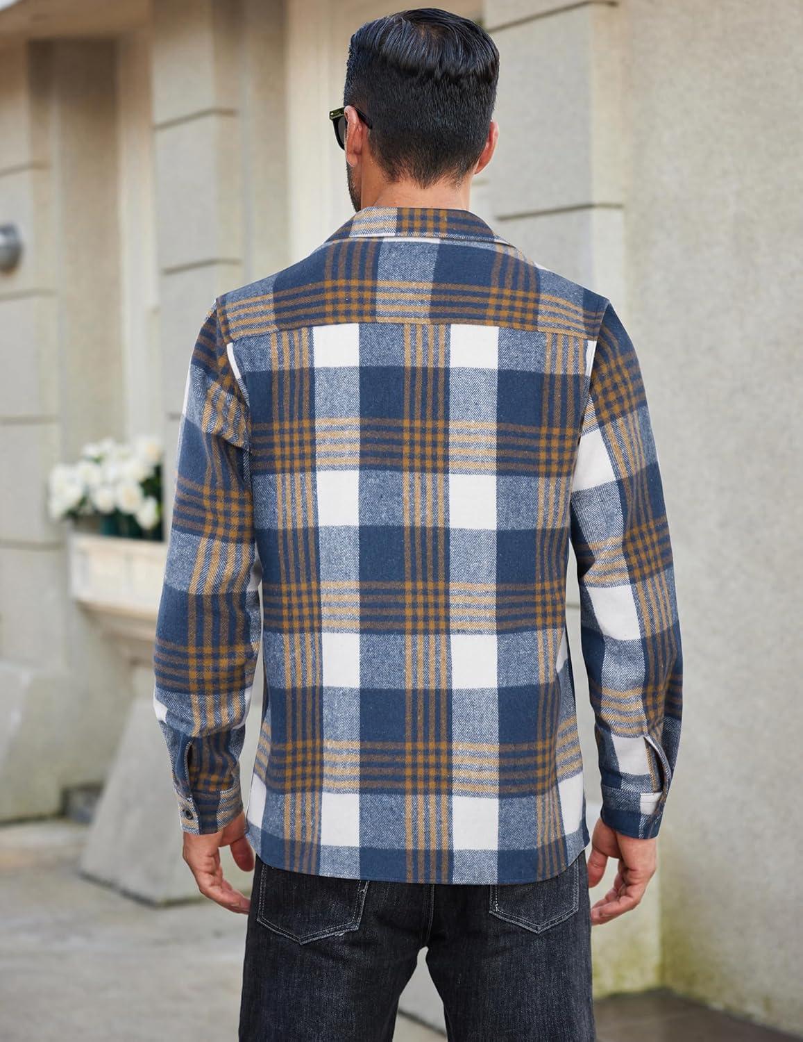 imageCOOFANDY Mens Flannel Shirts Casual Button Down Plaid Shirt Jacket Long Sleeve Fleece ShacketDark Bluewhite Plaid