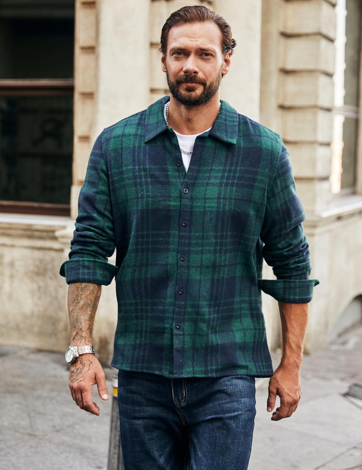 imageCOOFANDY Mens Flannel Shirts Casual Button Down Plaid Shirt Jacket Long Sleeve Fleece ShacketGreennavy Plaid