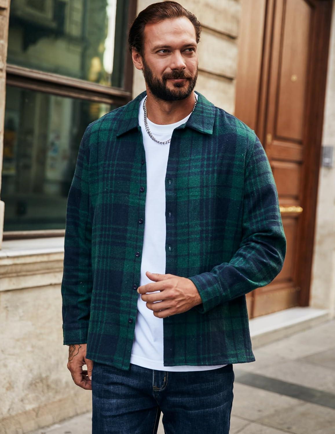 imageCOOFANDY Mens Flannel Shirts Casual Button Down Plaid Shirt Jacket Long Sleeve Fleece ShacketGreennavy Plaid