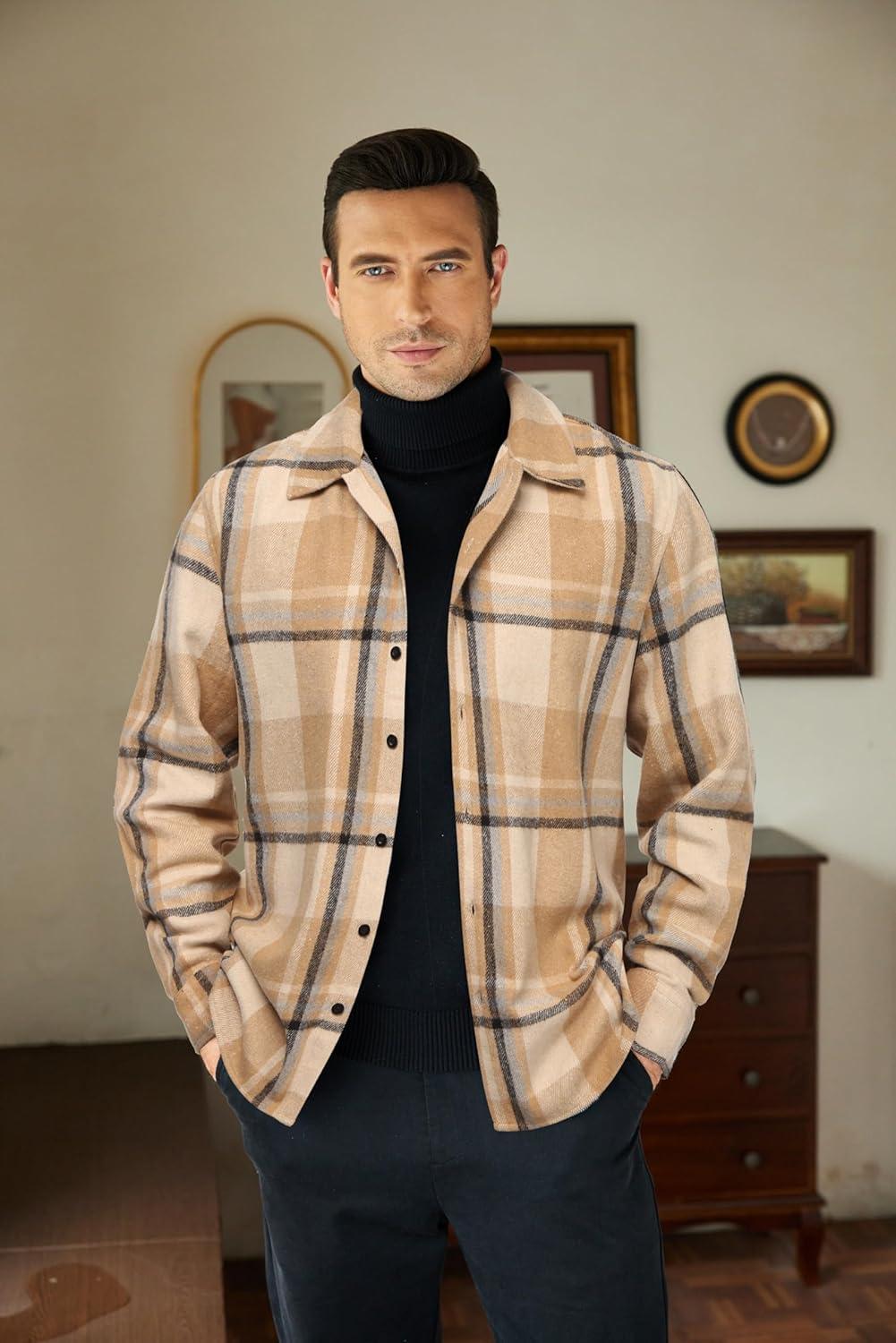 imageCOOFANDY Mens Flannel Shirts Casual Button Down Plaid Shirt Jacket Long Sleeve Fleece ShacketKhakibeige Plaid