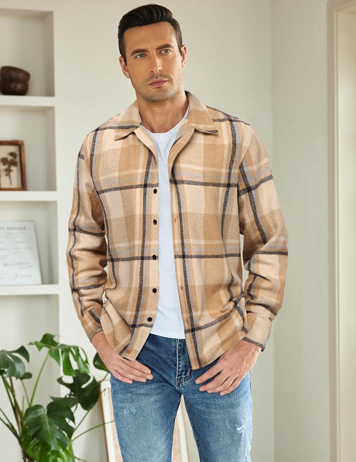imageCOOFANDY Mens Flannel Shirts Casual Button Down Plaid Shirt Jacket Long Sleeve Fleece ShacketKhakibeige Plaid