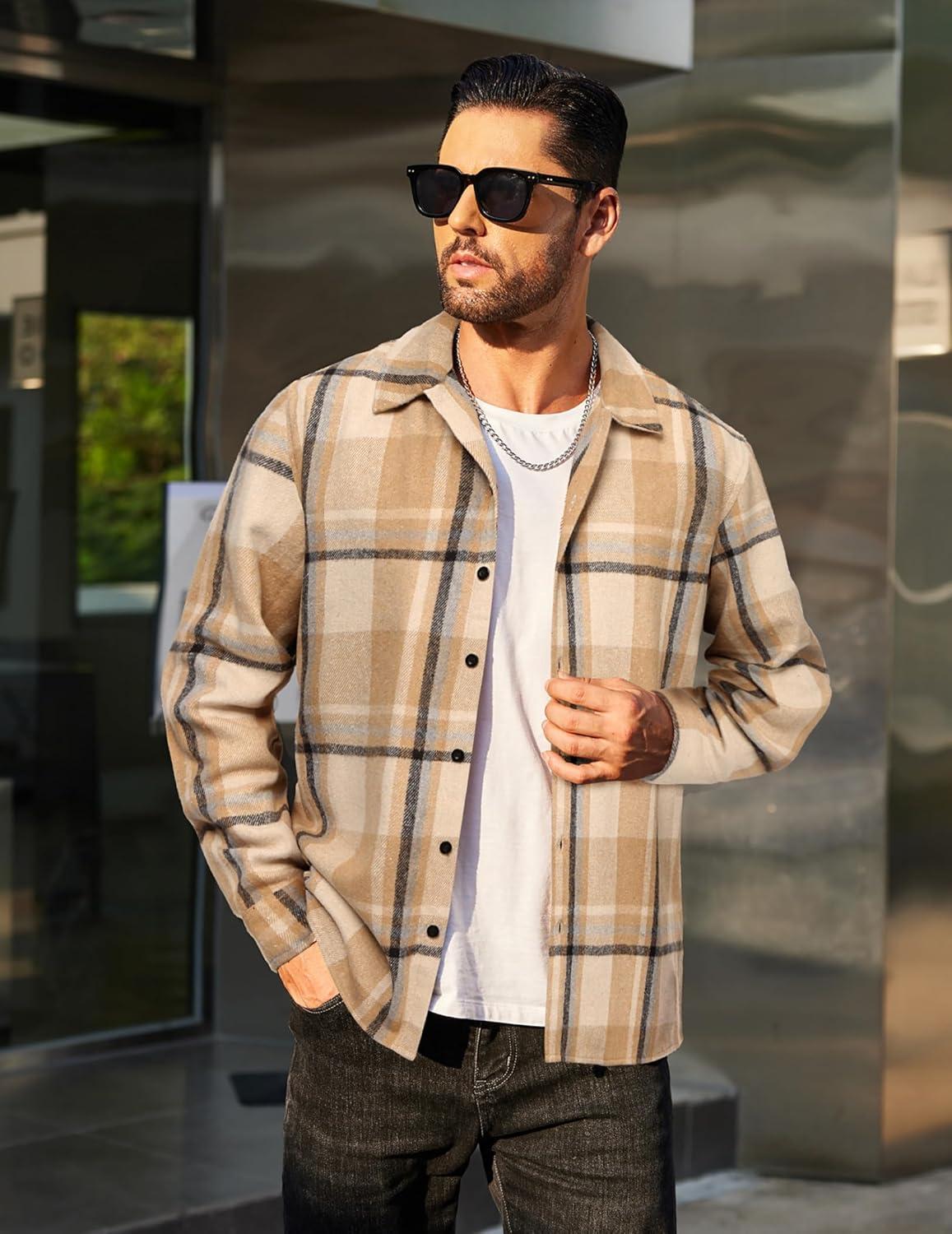 imageCOOFANDY Mens Flannel Shirts Casual Button Down Plaid Shirt Jacket Long Sleeve Fleece ShacketKhakibeige Plaid