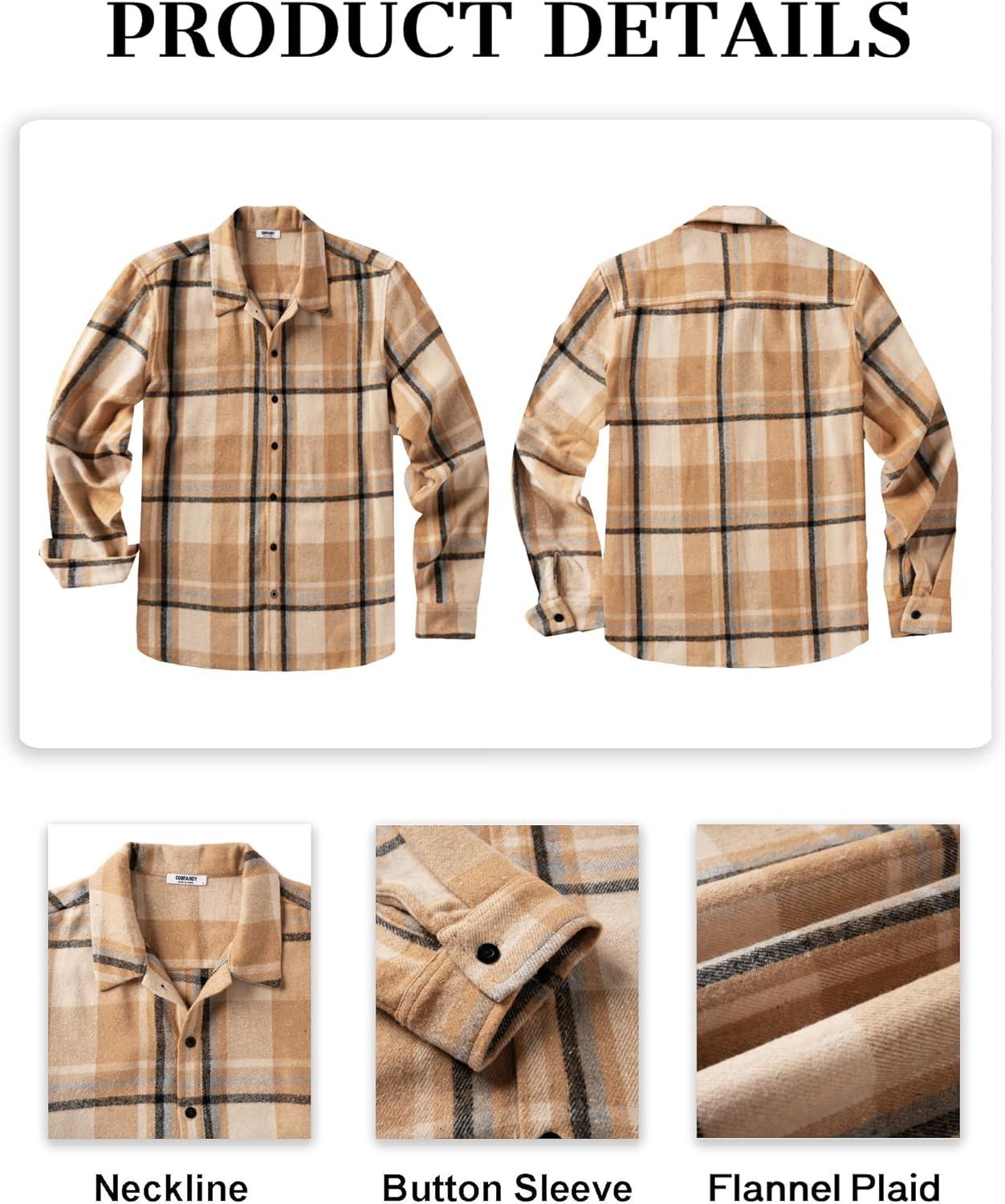 imageCOOFANDY Mens Flannel Shirts Casual Button Down Plaid Shirt Jacket Long Sleeve Fleece ShacketKhakibeige Plaid