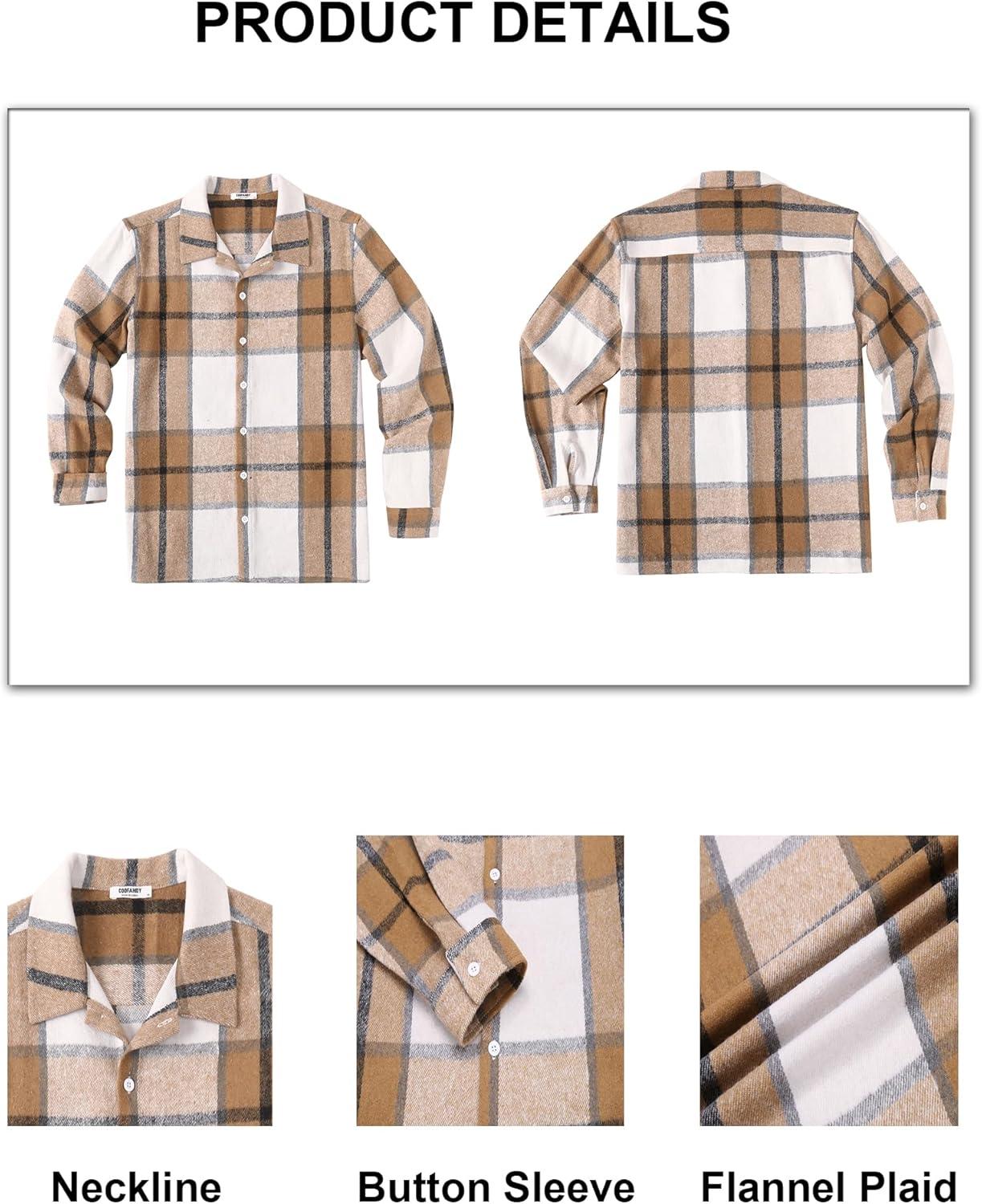 imageCOOFANDY Mens Flannel Shirts Casual Button Down Plaid Shirt Jacket Long Sleeve Fleece ShacketKhakiwhite Plaid