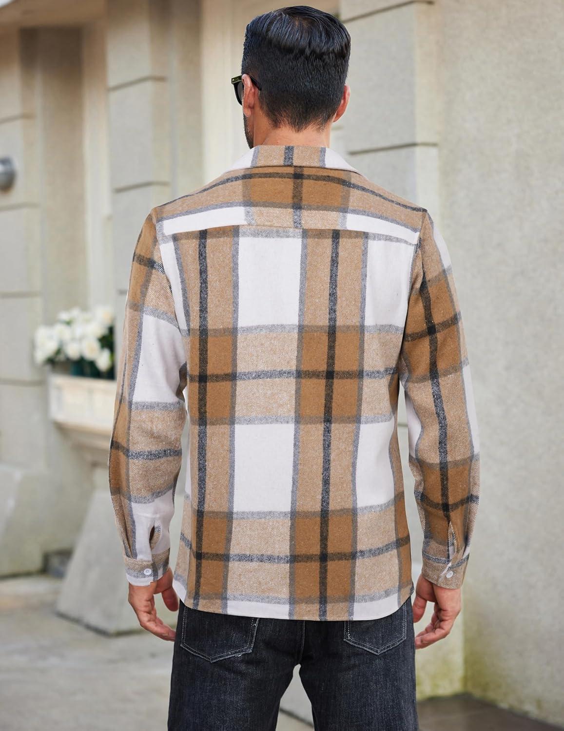 imageCOOFANDY Mens Flannel Shirts Casual Button Down Plaid Shirt Jacket Long Sleeve Fleece ShacketKhakiwhite Plaid