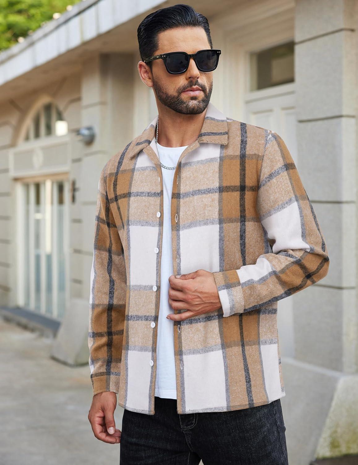 imageCOOFANDY Mens Flannel Shirts Casual Button Down Plaid Shirt Jacket Long Sleeve Fleece ShacketKhakiwhite Plaid