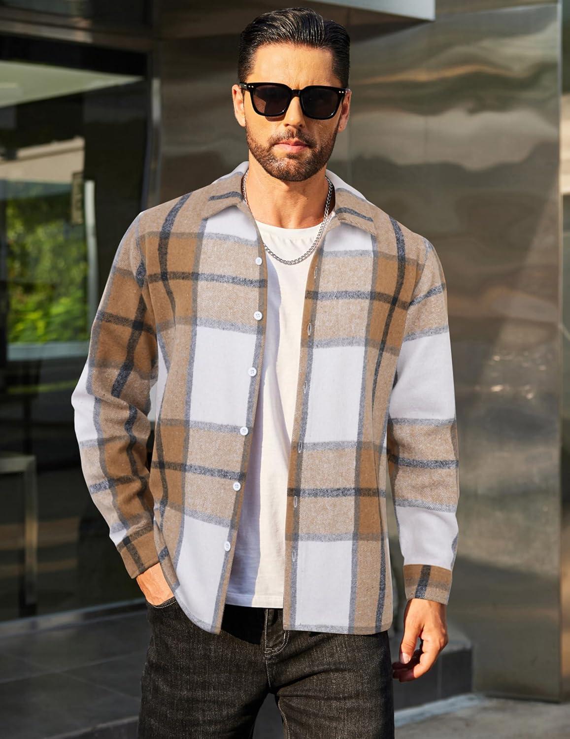 imageCOOFANDY Mens Flannel Shirts Casual Button Down Plaid Shirt Jacket Long Sleeve Fleece ShacketKhakiwhite Plaid