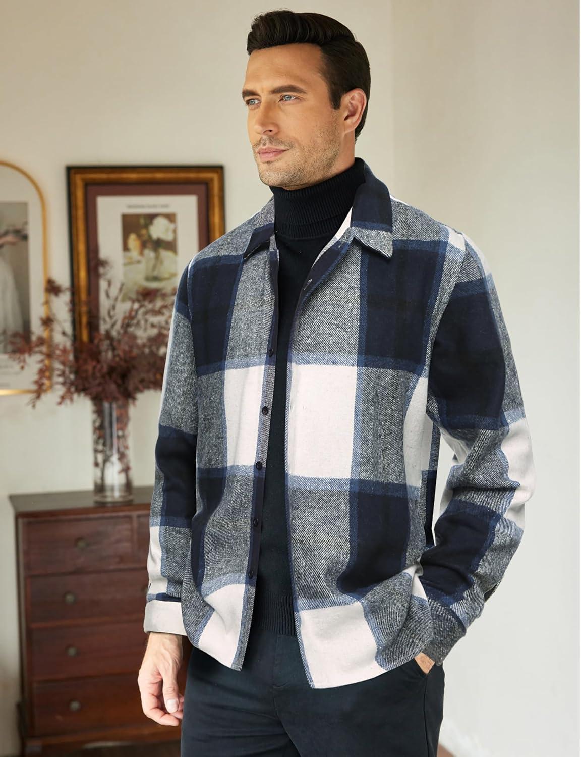 imageCOOFANDY Mens Flannel Shirts Casual Button Down Plaid Shirt Jacket Long Sleeve Fleece ShacketNavywhite Plaid