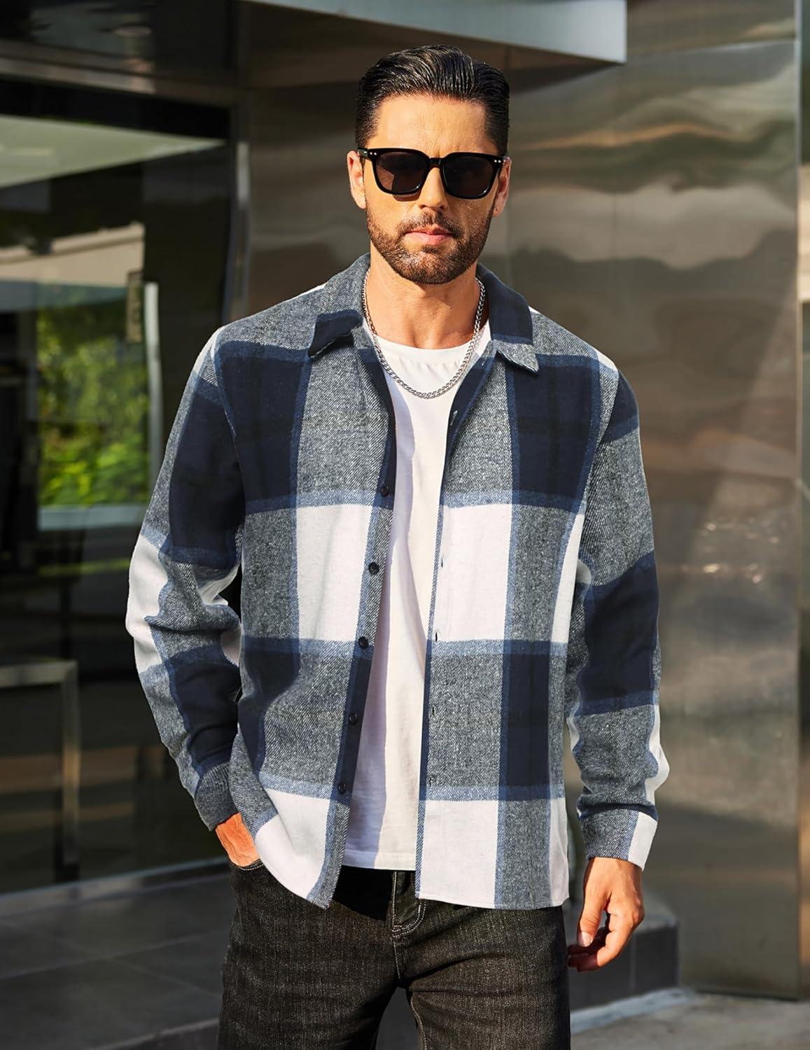 imageCOOFANDY Mens Flannel Shirts Casual Button Down Plaid Shirt Jacket Long Sleeve Fleece ShacketNavywhite Plaid